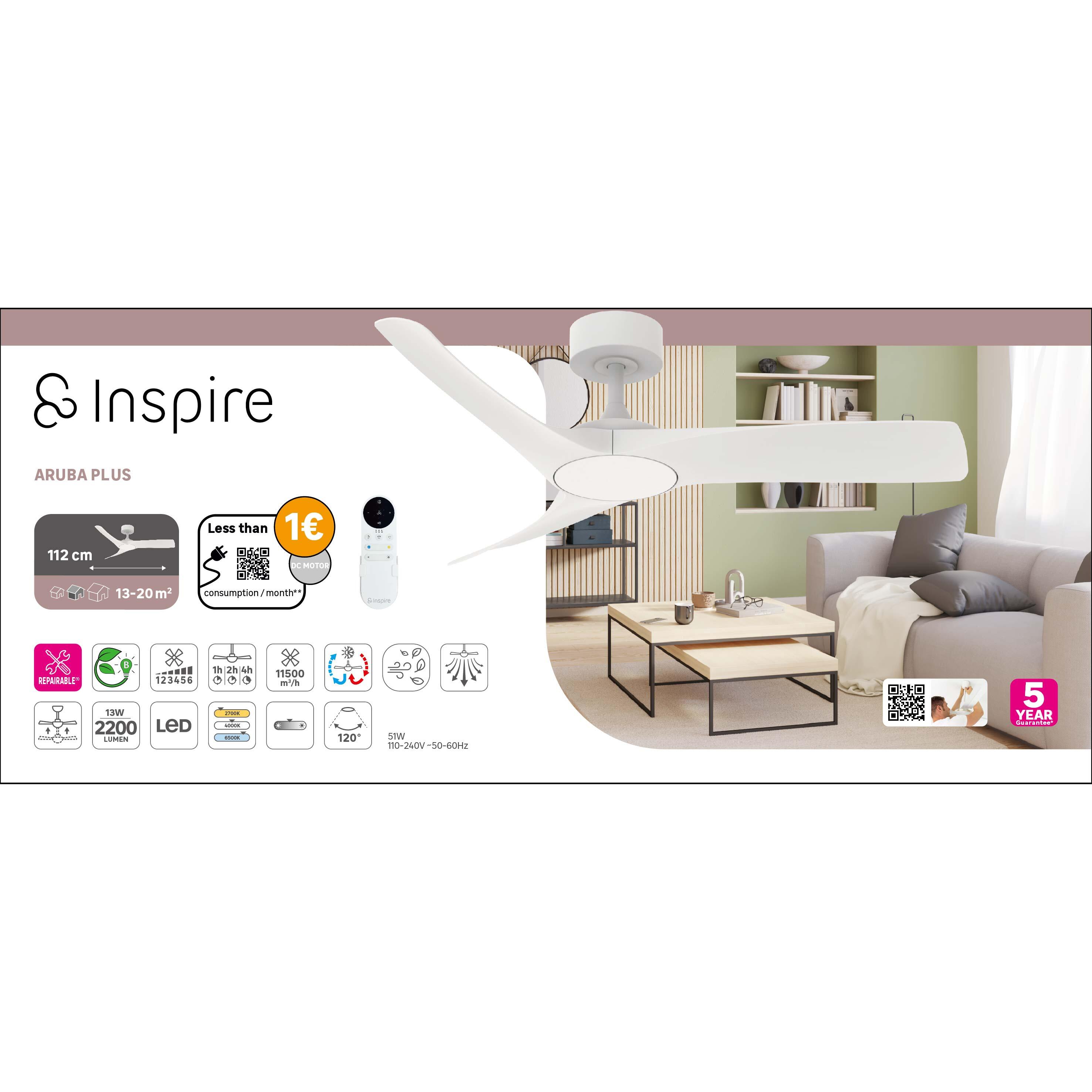 Ventoinha de teto com lâmpada 112 cm 2200 Lm CCT dimável branco Aruba Plus Inspire
 - 9