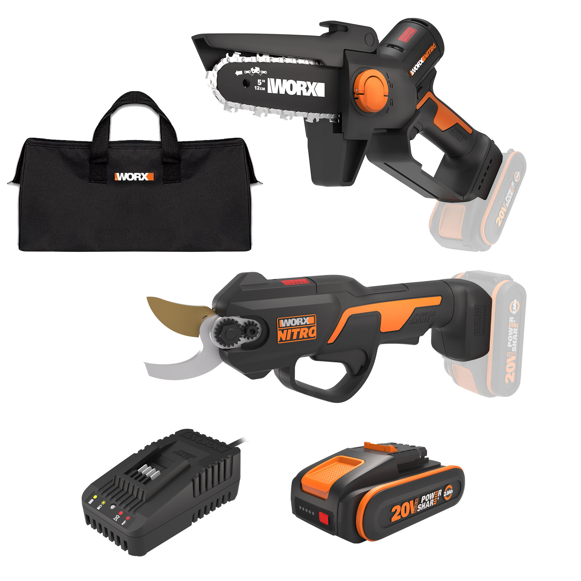 Pack minimotosierra podadera + tijera de poda a batería worx 20v batería 2ah