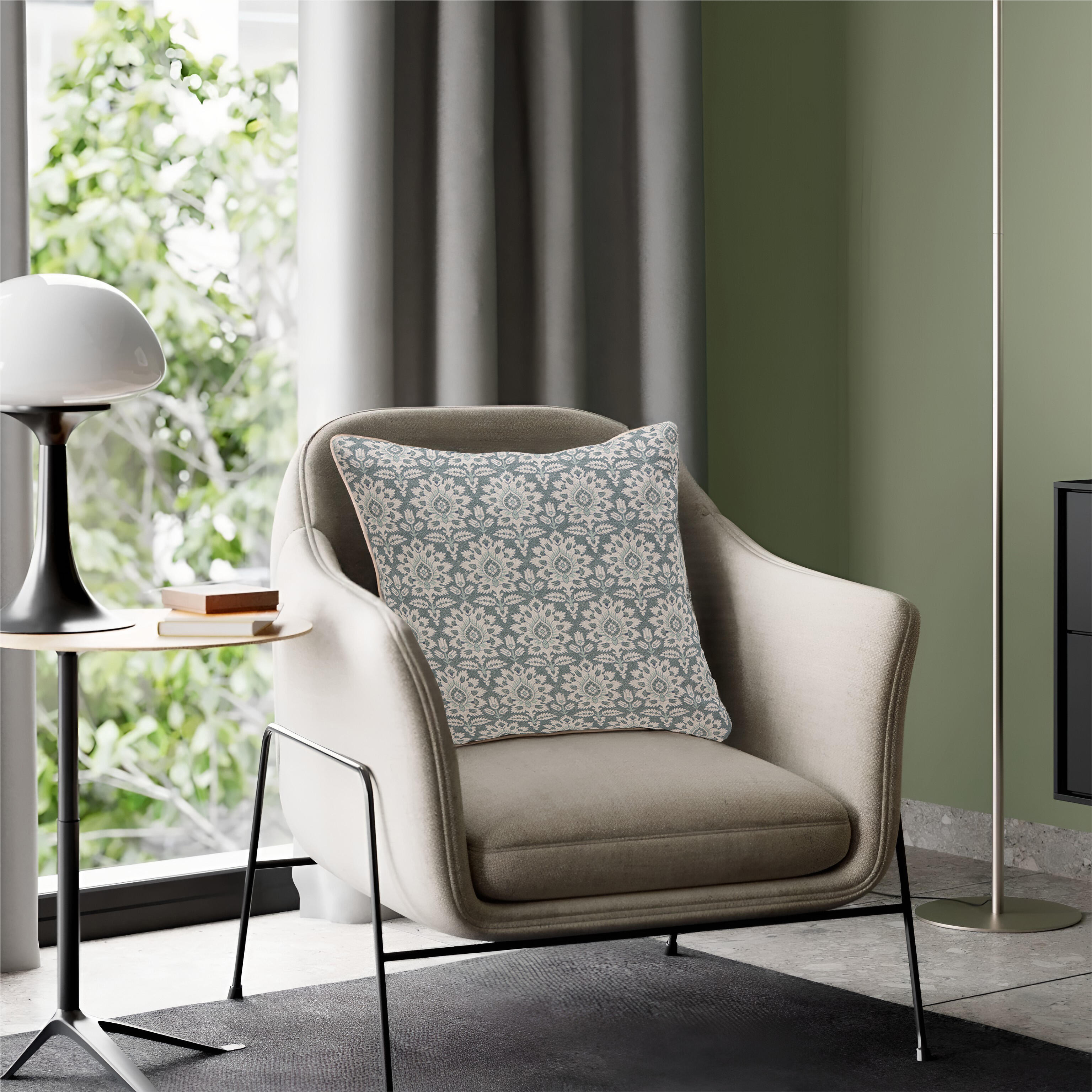 Cojín decorativo cuadrado Cea algodón, lino arabesco crudo con fondo azul 50x50cm - 3