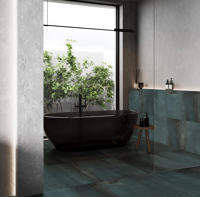 Piastrella da pavimento interno 60 x 120 cm Sp. 9 mm rettificato Lamiera in gres porcellanato verde e nero opaco traffico medio forte (pei 3/5) R9 1.44 mq