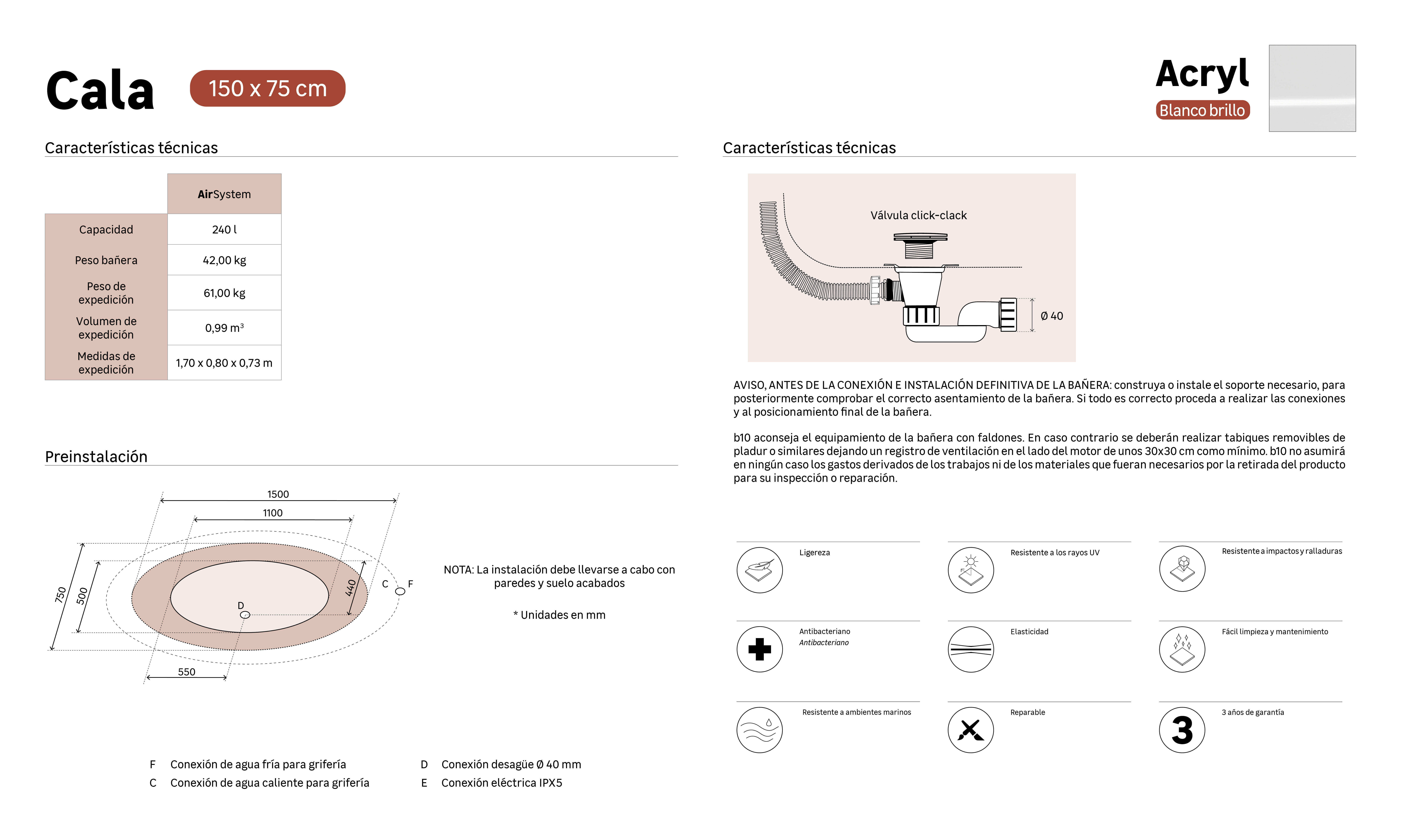 Bañera isla OBATH Cala blanco 150x75 cm - 3