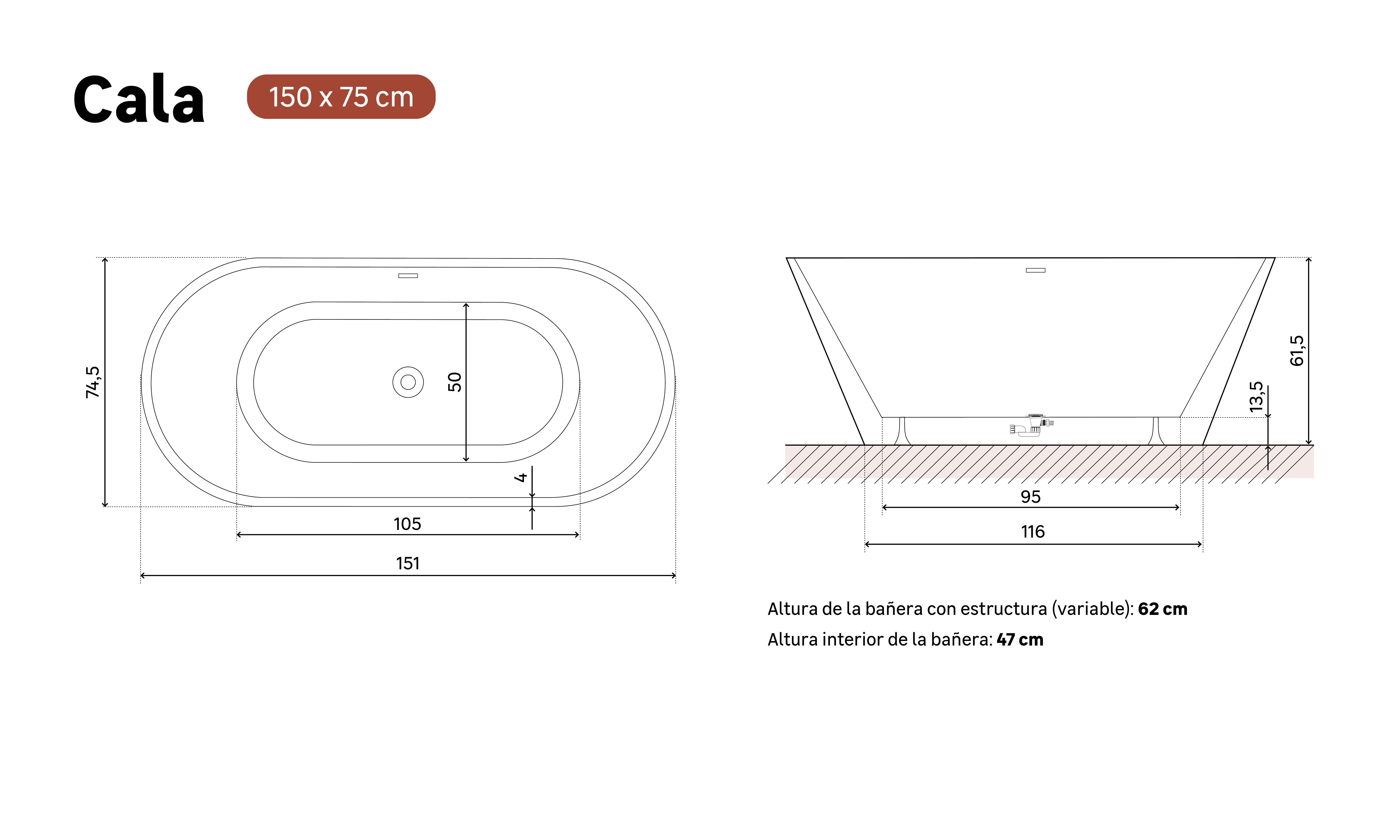 Bañera isla OBATH Cala blanco 150x75 cm - 2