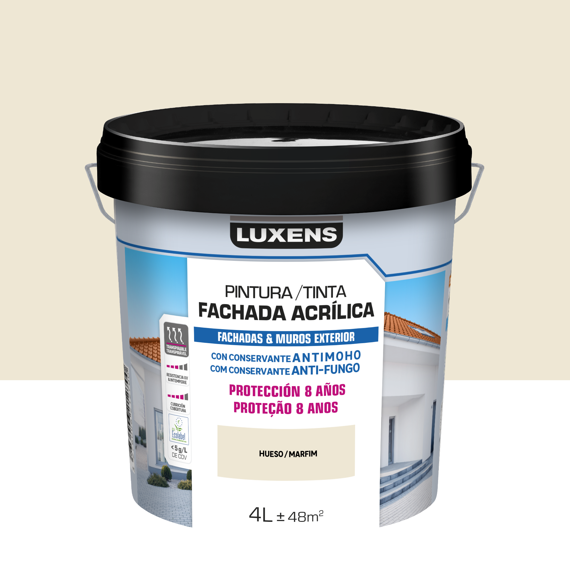 Pintura exterior color hueso para hormigón, fachada luxens mate 4l base agua antigoteo