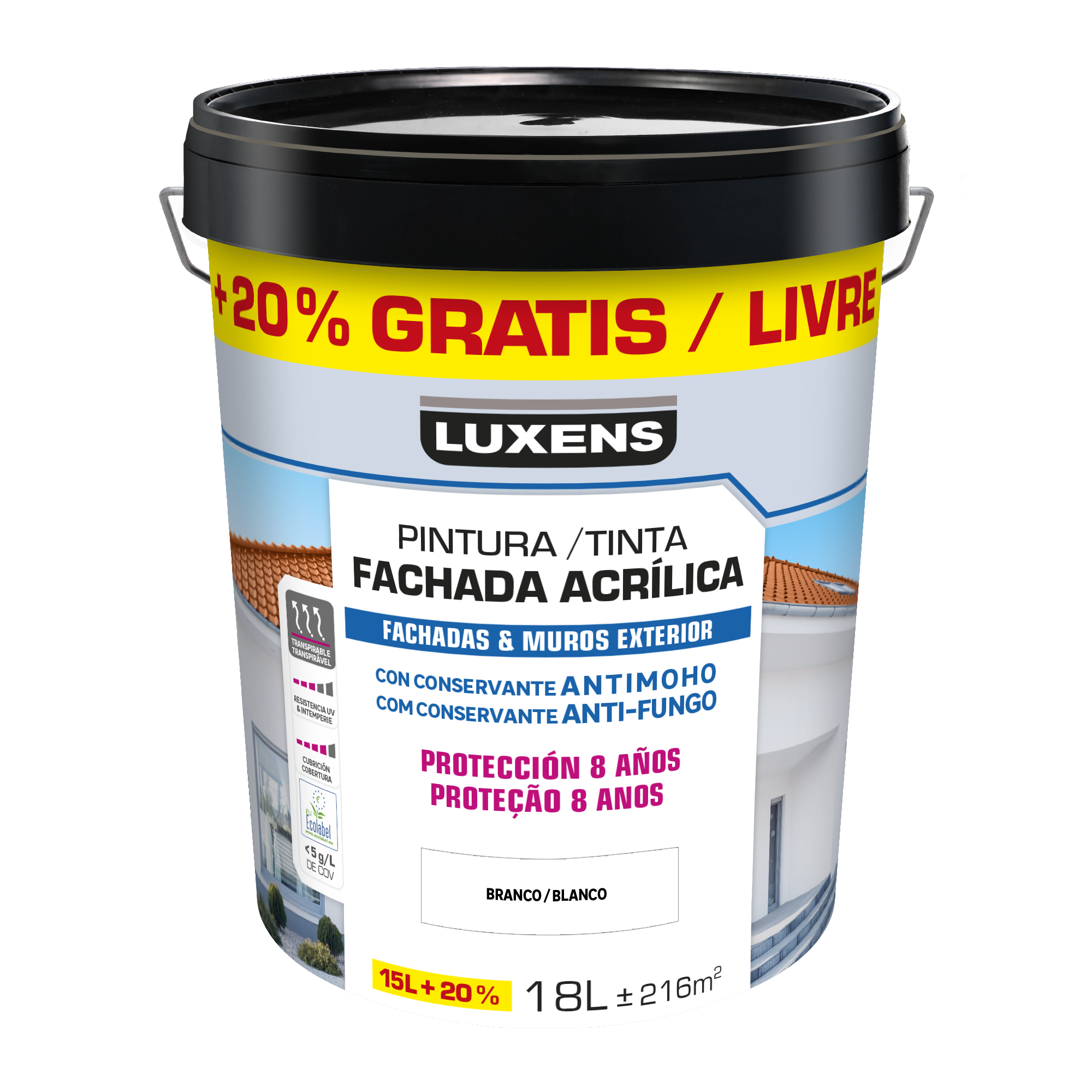 Tinta exterior fachadas aquosa mate 15 L+20% branco proteção 8 anos Luxens - 7