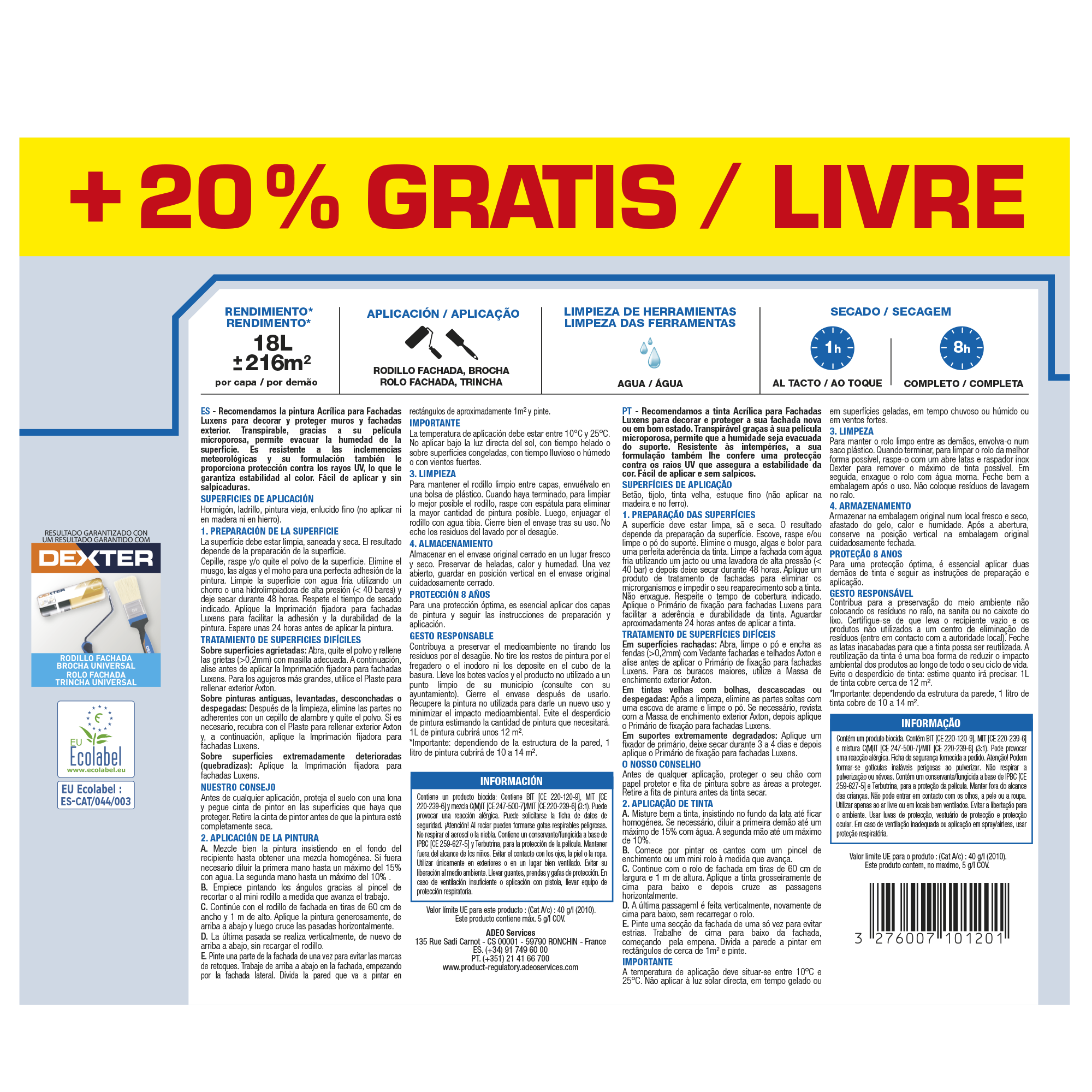 Tinta exterior fachadas aquosa mate 15 L+20% branco proteção 8 anos Luxens - 6