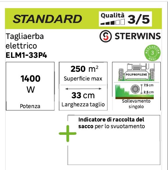 Tagliaerba elettrico velocità non regolabile (trainato a comando) STERWINS ELM1-33P4 1400 W L 33 cm - 13