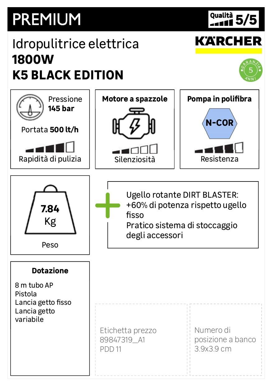 Idropulitrice ad alta pressione elettrica ad acqua fredda KARCHER K 5 Black 500 l/h 145 bar - 10