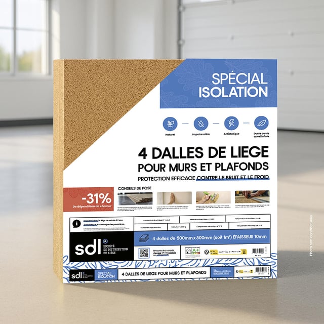 4 plaques isolante en liège mur / plafond SDL, l.0.5 x L.0.5 m x Ep.10 mm, 1m²