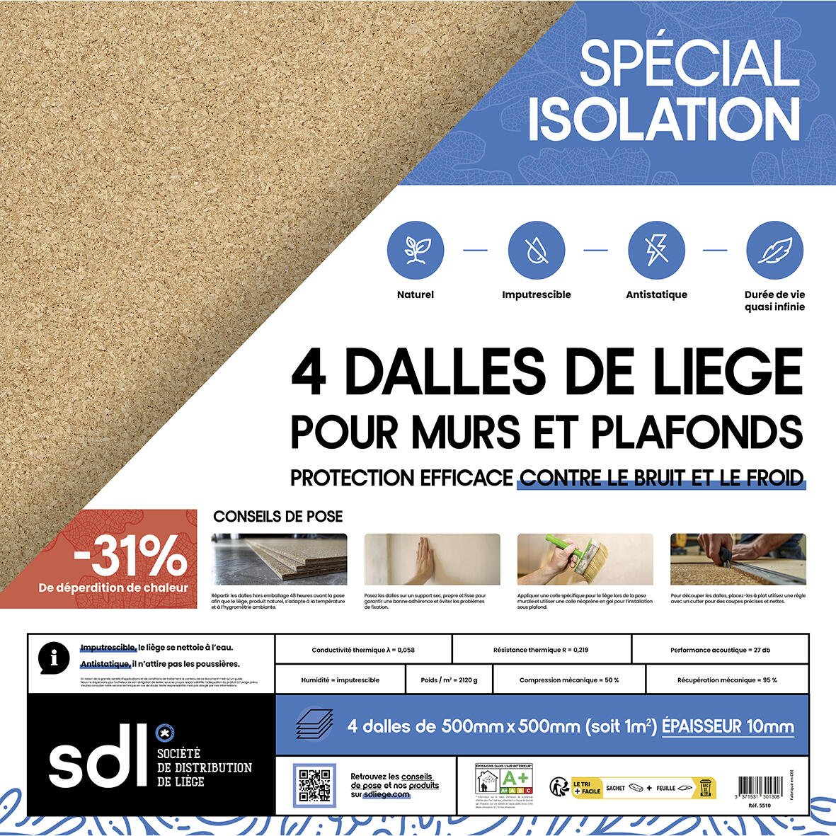 4 plaques isolante en liège mur / plafond SDL, l.0.5 x L.0.5 m x Ep.10 mm, 1m² - 4