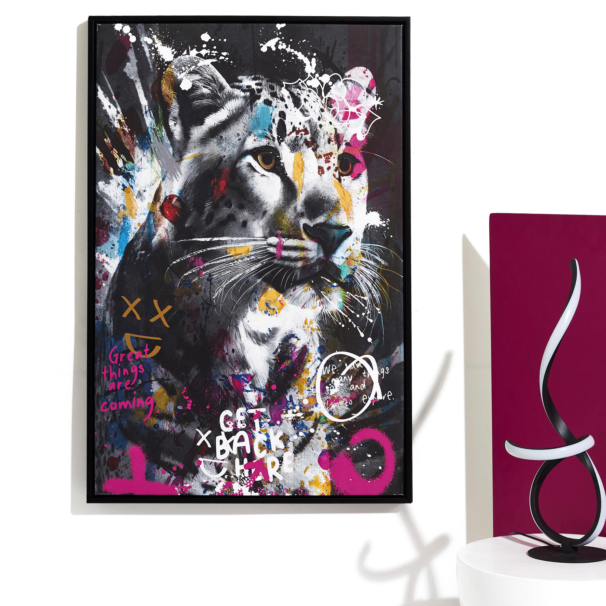 Cuadro pintura impresa enmarcada animales rectangular de 60 x 90 cm. poliestireno guepardo blanco y negro con grafiti a todo color. marco color negro