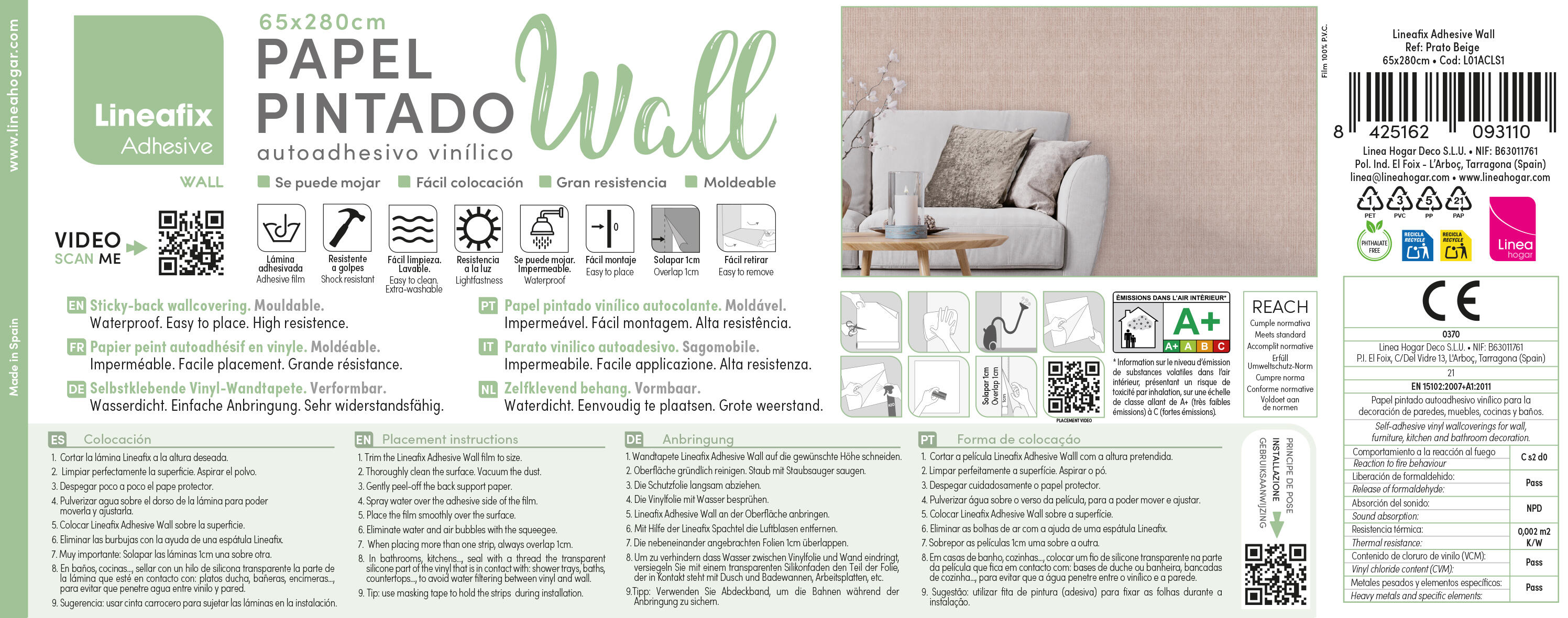 Papel pintado PVC adhesivo Imitación material Prato beige  LHD 65cmx2.8m superlavable. Apto para cocinas o baños - 10
