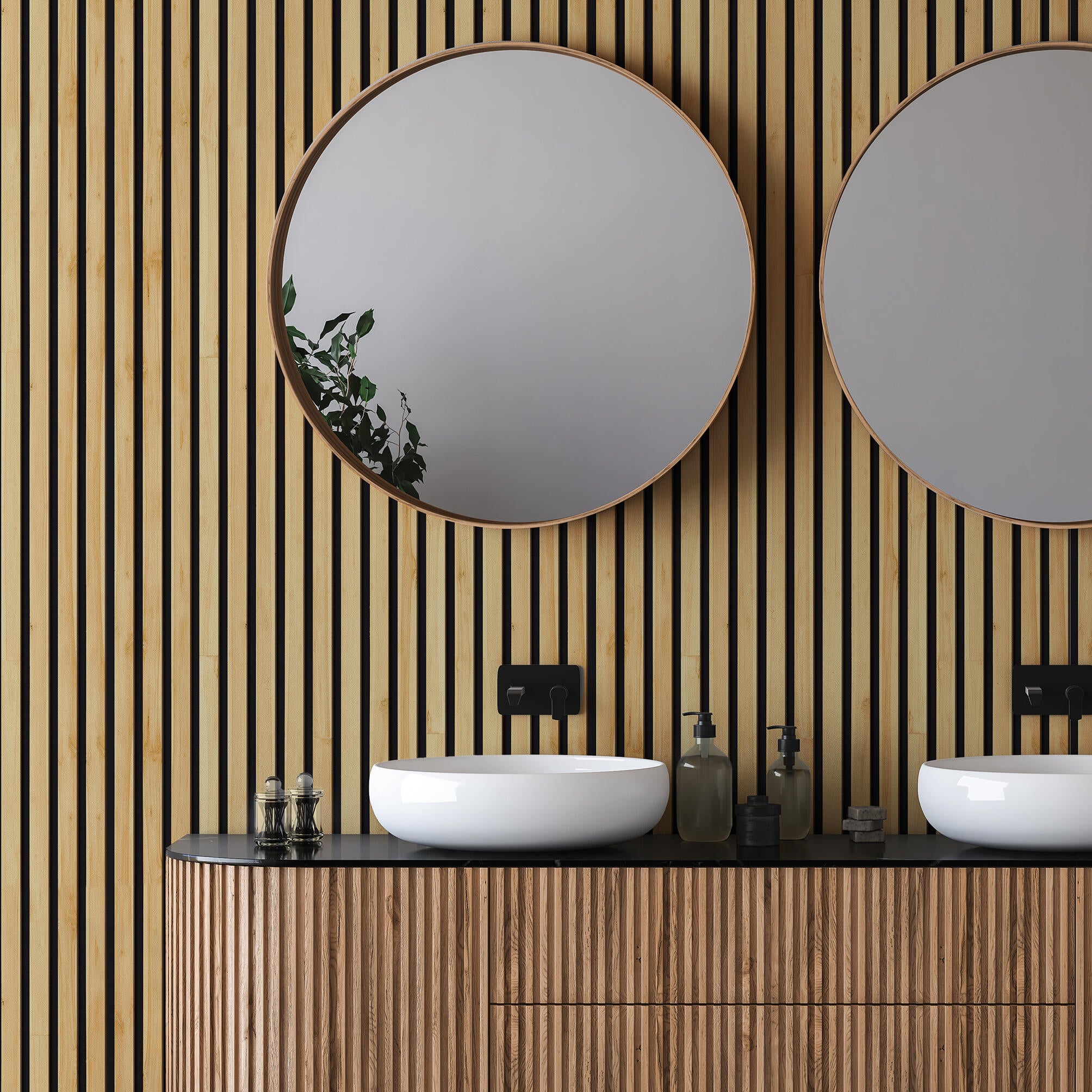 Papel pintado PVC adhesivo Imitación material Listones beige marrón negro  LHD 65cmx2.8m superlavable. Apto para cocinas o baños - 2