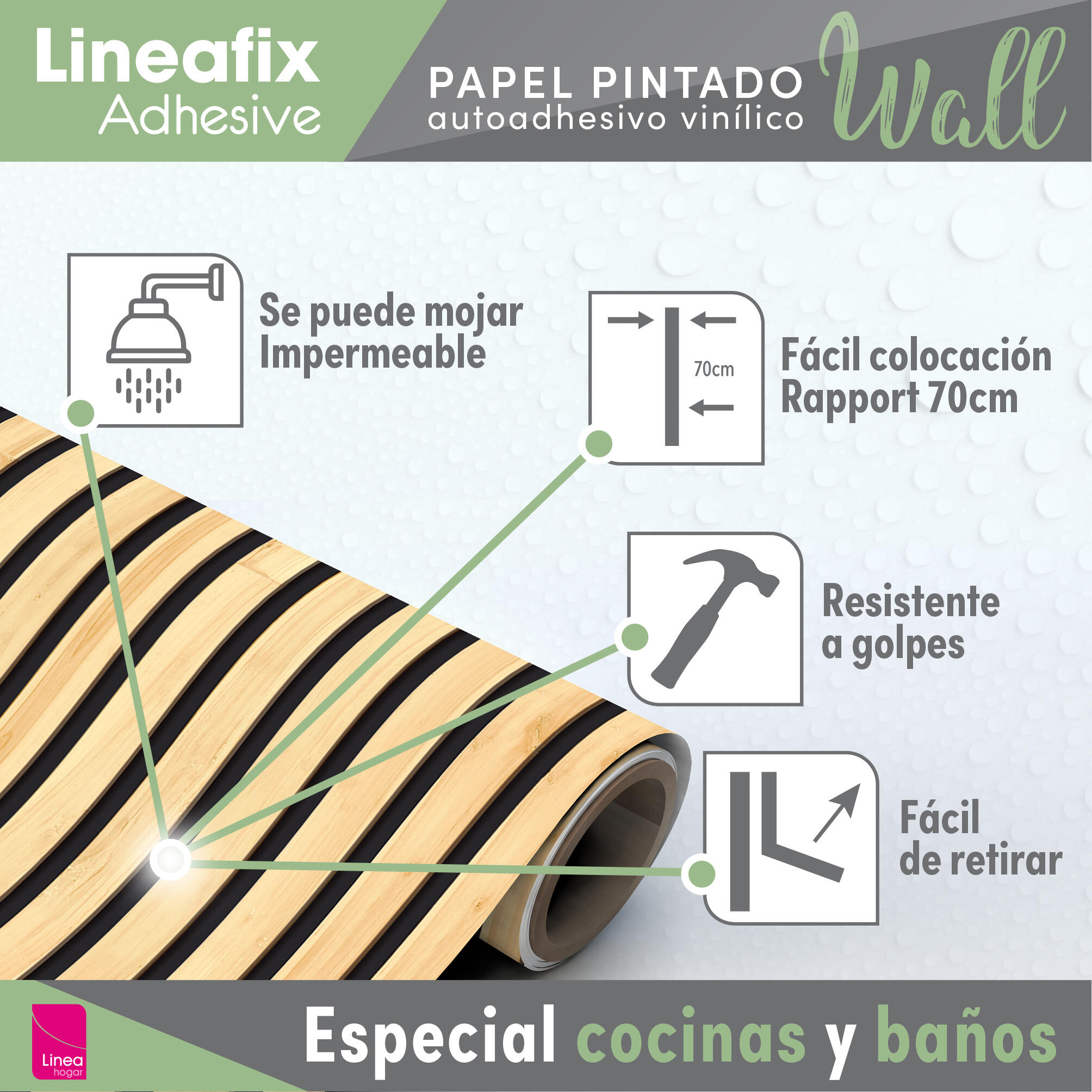 Papel pintado PVC adhesivo Imitación material Listones beige marrón negro  LHD 65cmx2.8m superlavable. Apto para cocinas o baños - 9