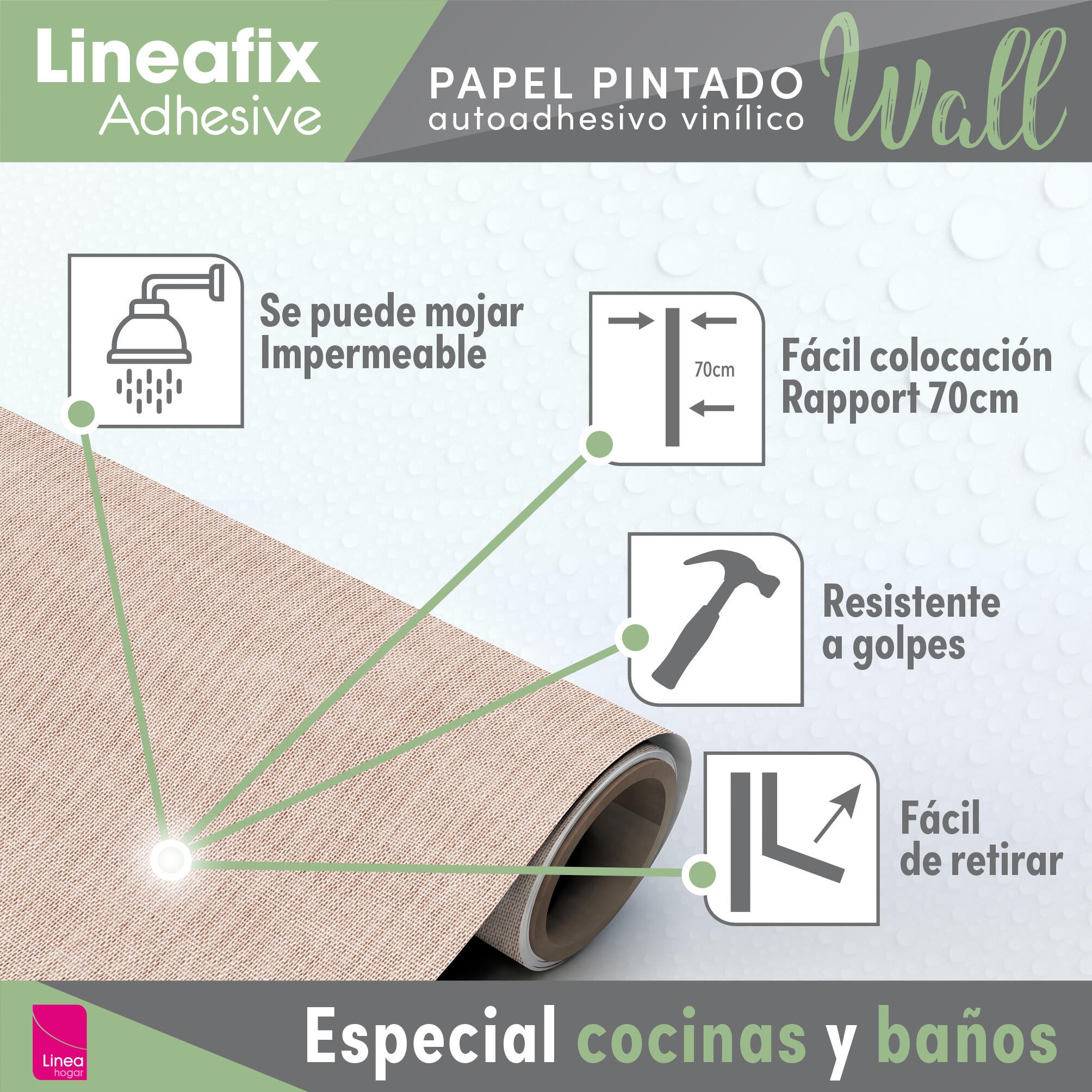 Papel pintado PVC adhesivo Imitación material Prato beige  LHD 65cmx2.8m superlavable. Apto para cocinas o baños - 8