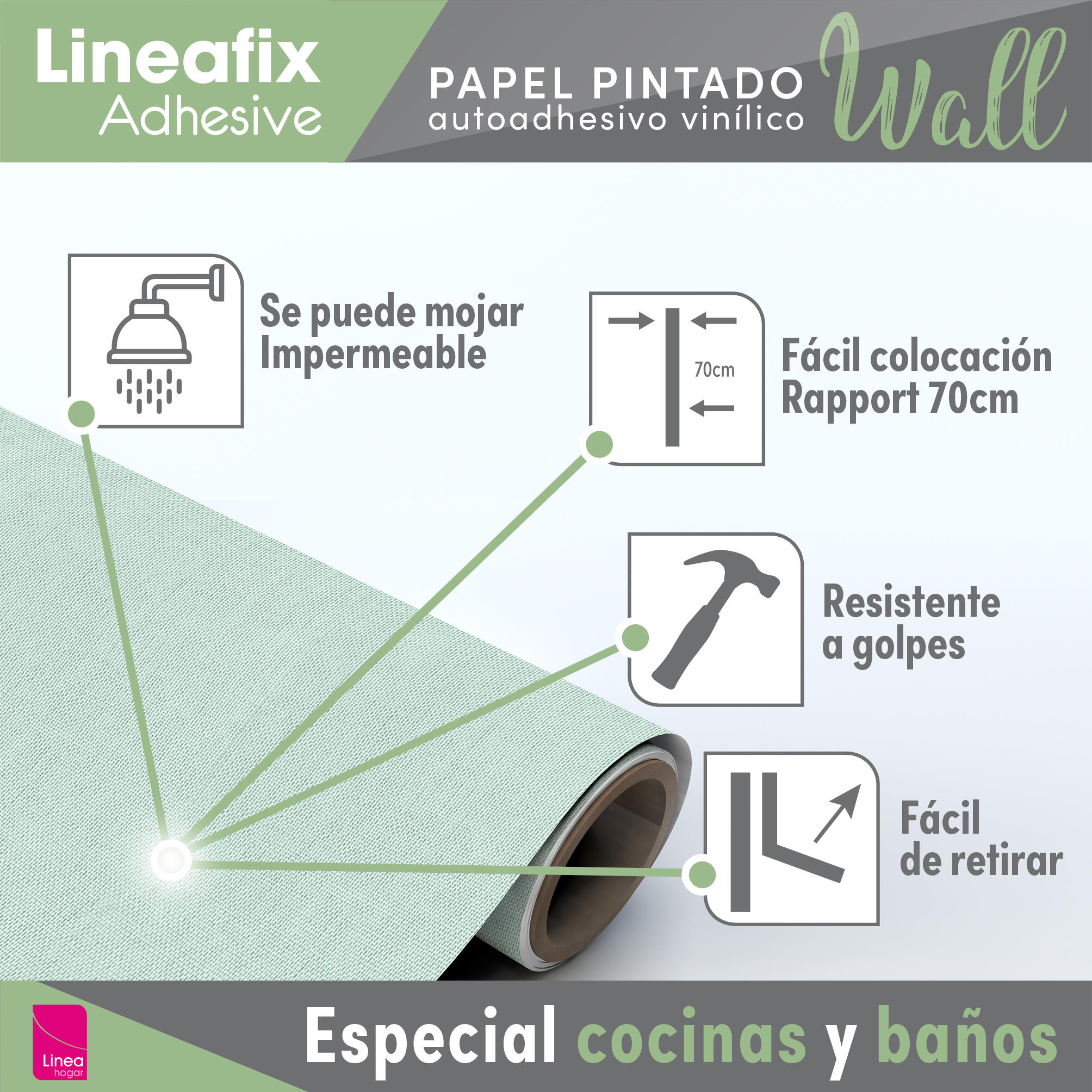 Papel pintado PVC adhesivo Imitación material Prato verde  LHD 65cmx2.8m superlavable. Apto para cocinas o baños - 9