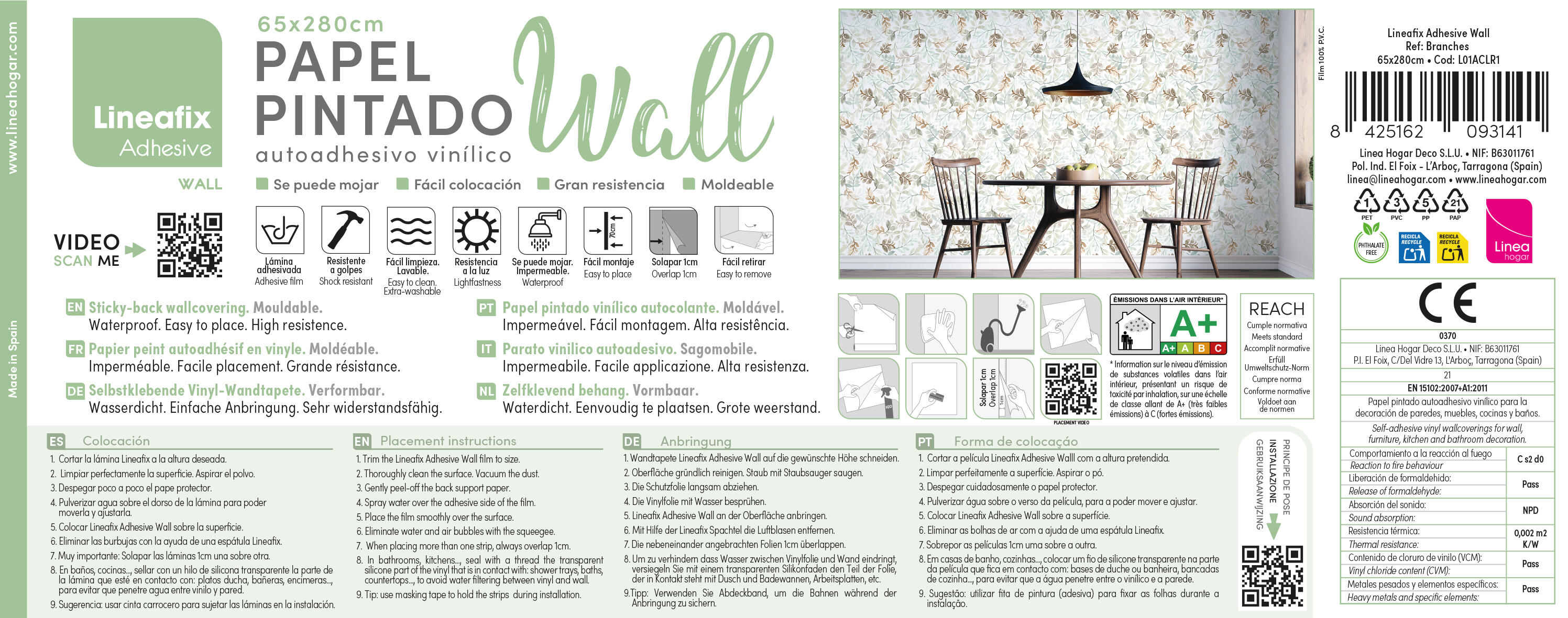 Papel pintado PVC adhesivo Botánico, plantas o floral Branches verde, blanco, marrón  LHD 65cmx2.8m superlavable. Apto para cocinas o baños - 11