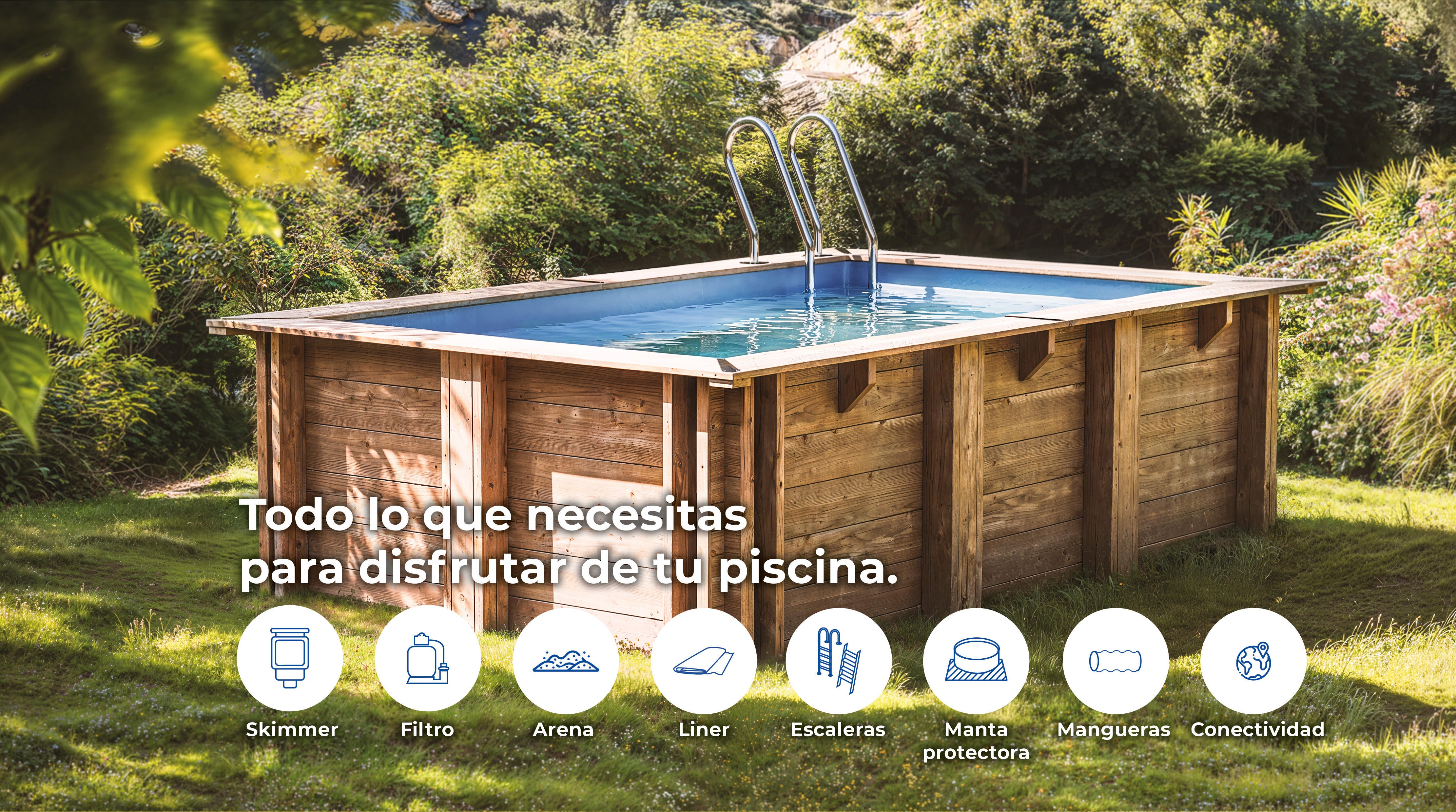 Piscina elevada de madera marrón rectangular 3.73x2.23x1.14 m con depuradora de arena y escalera de tijeras GRE - 8