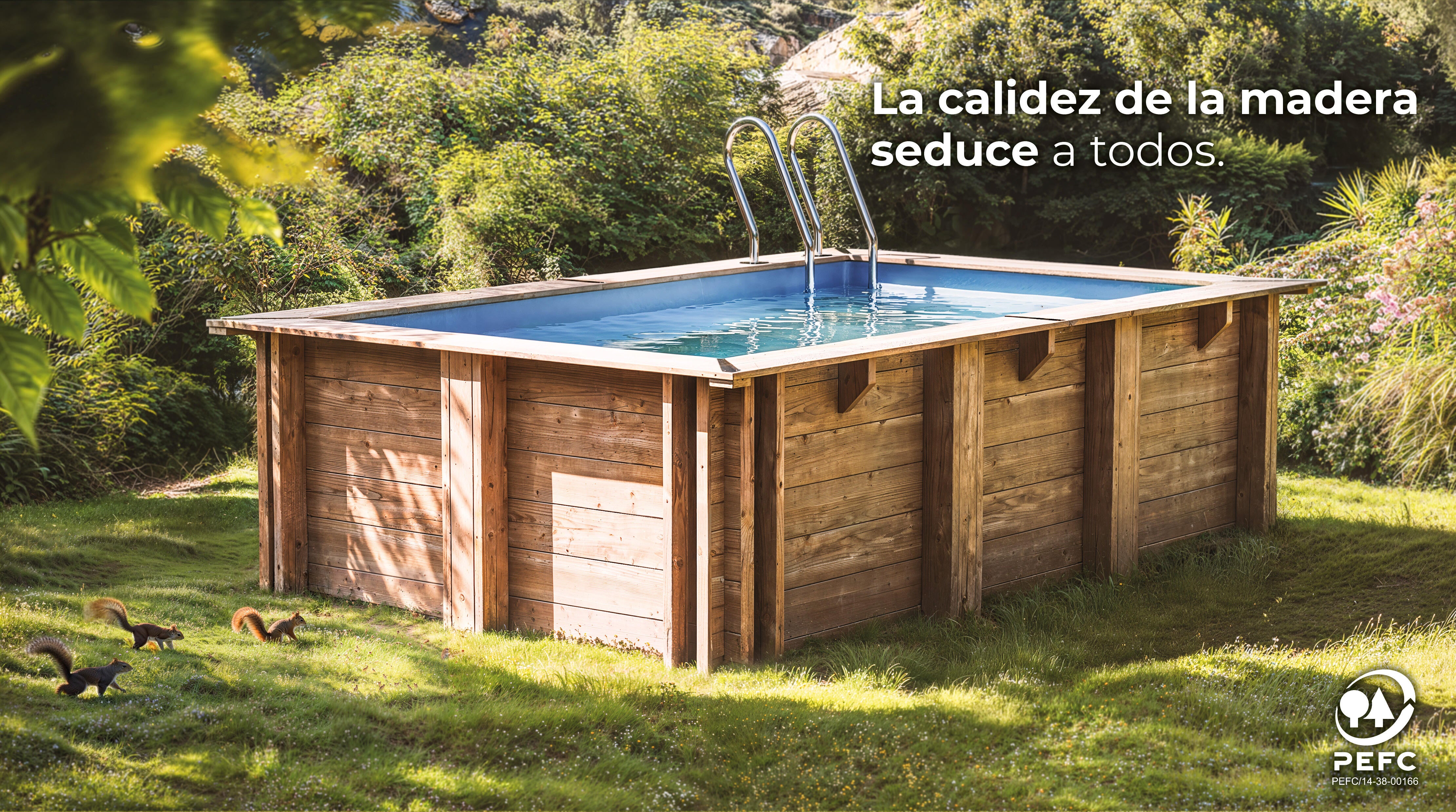 Piscina elevada de madera marrón cuadrada 2x2x0.68 m con depuradora de cartucho GRE - 9