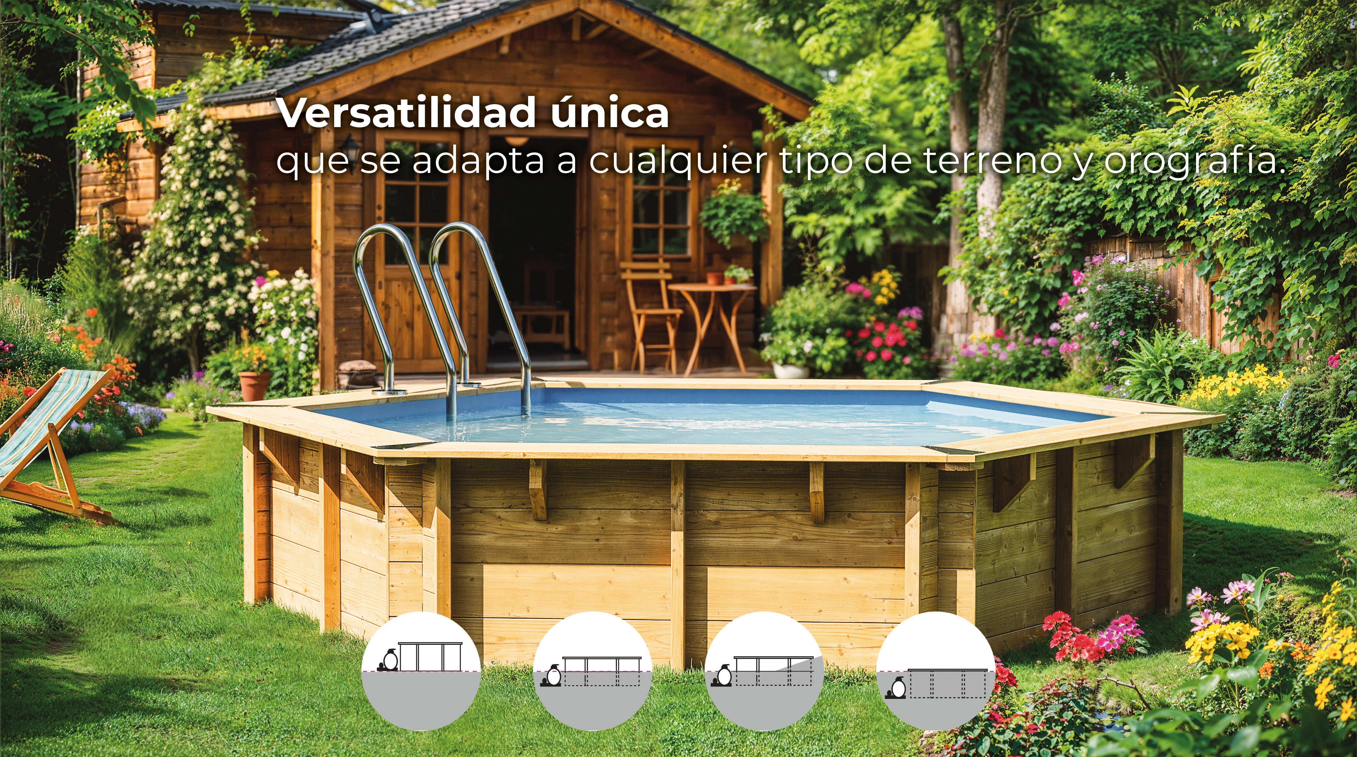 Piscina elevada de madera marrón redonda 3.43x3.43x1.16 m con depuradora de arena y escalera de tijeras GRE - 15
