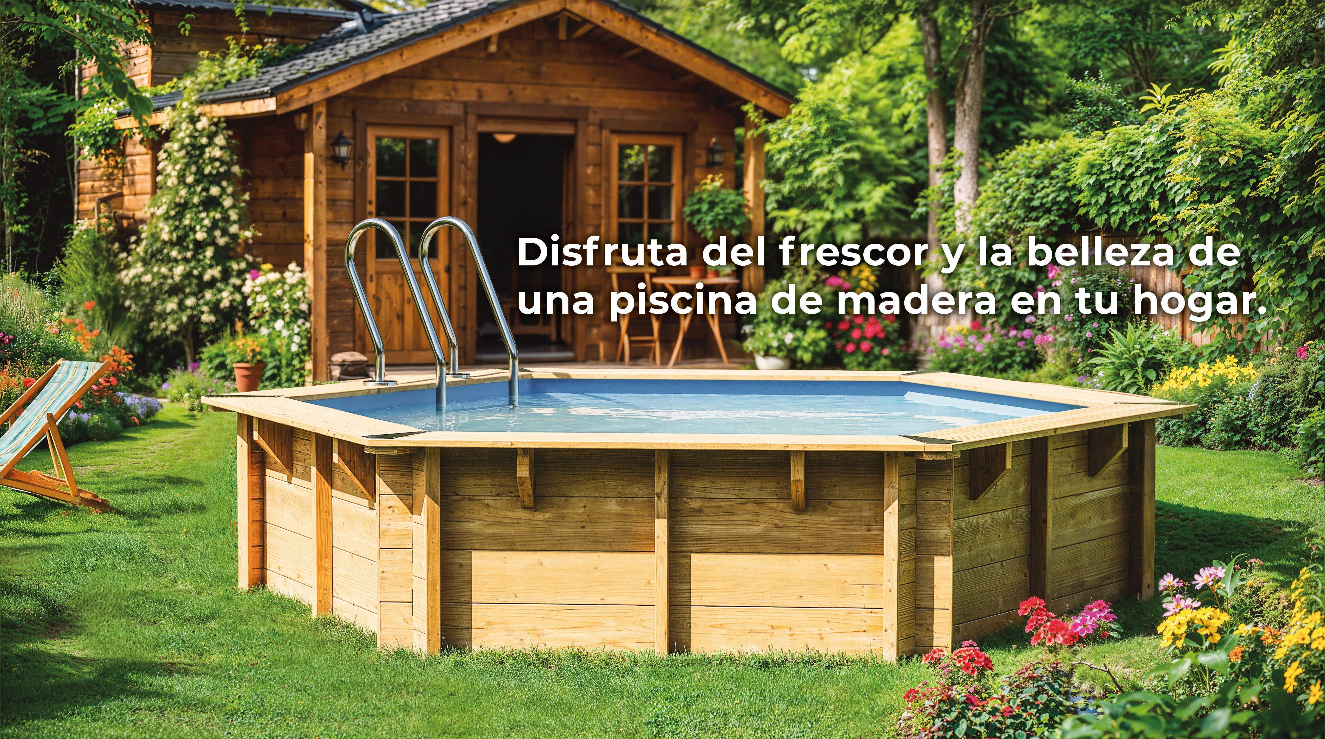 Piscina elevada de madera marrón redonda 3.43x3.43x1.16 m con depuradora de arena y escalera de tijeras GRE - 13