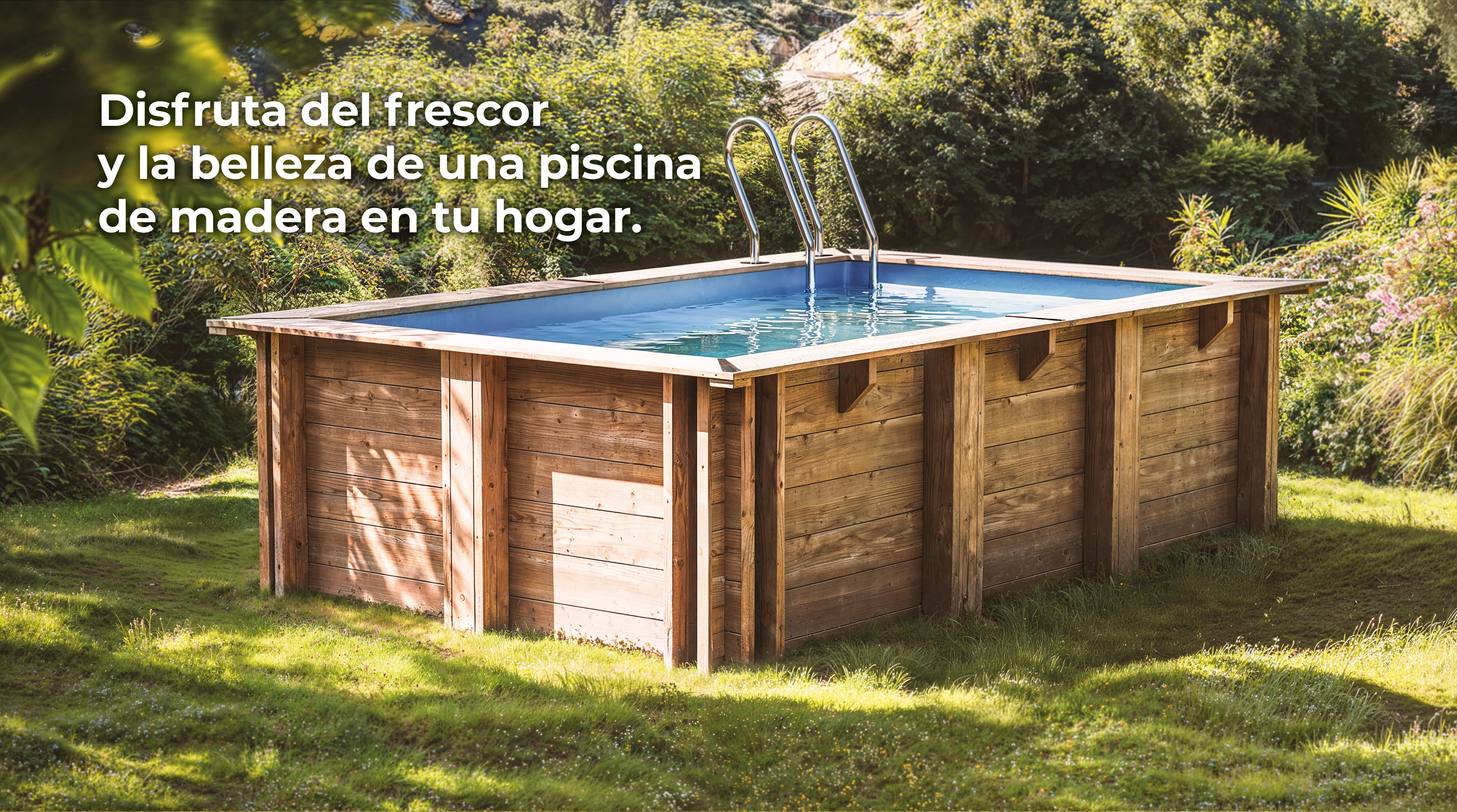 Piscina elevada de madera marrón cuadrada 2x2x0.68 m con depuradora de cartucho GRE - 8