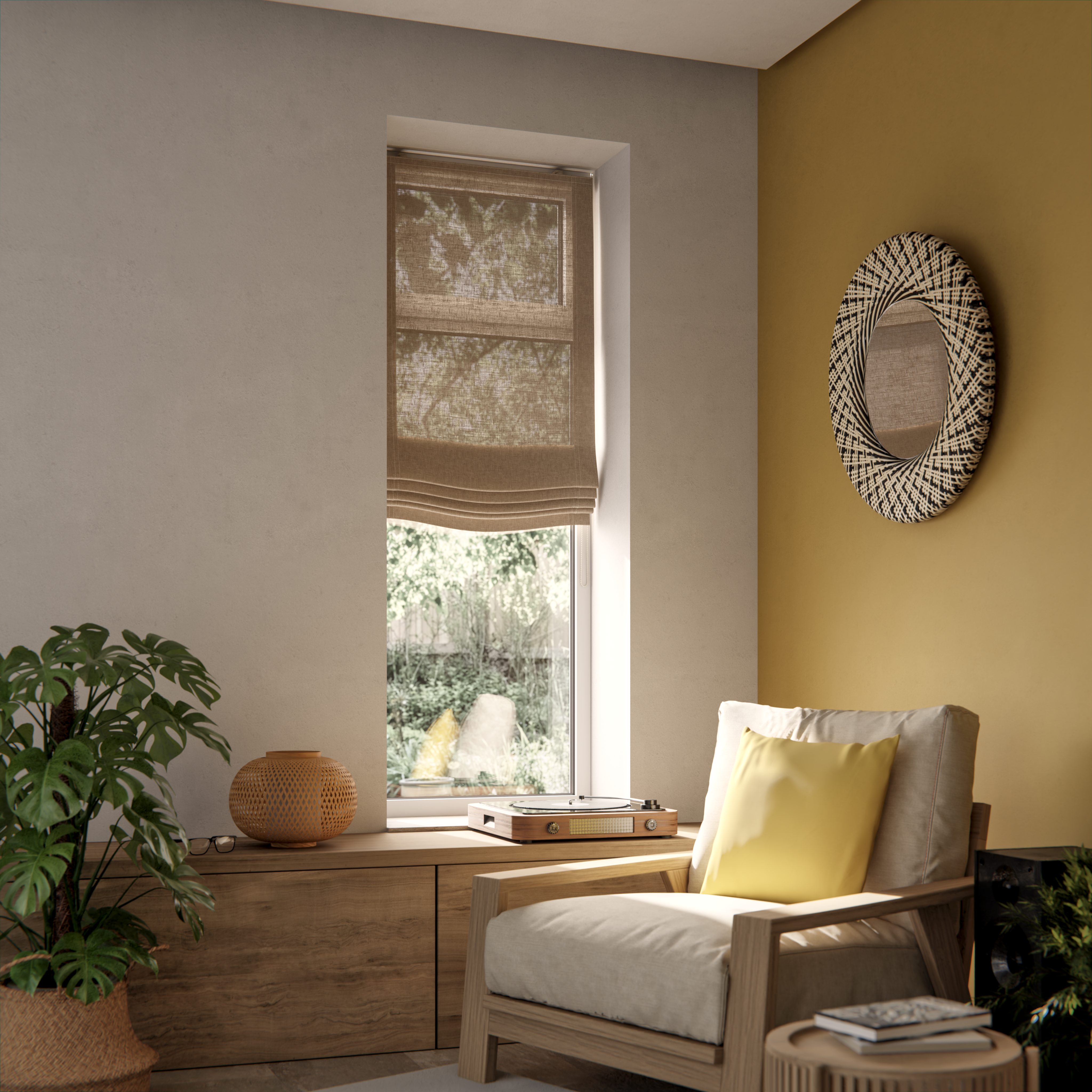 Estor plegable paqueto opaco con cadena forum poliéster liso marrón de 42x150 cm. instalación sin taladrar