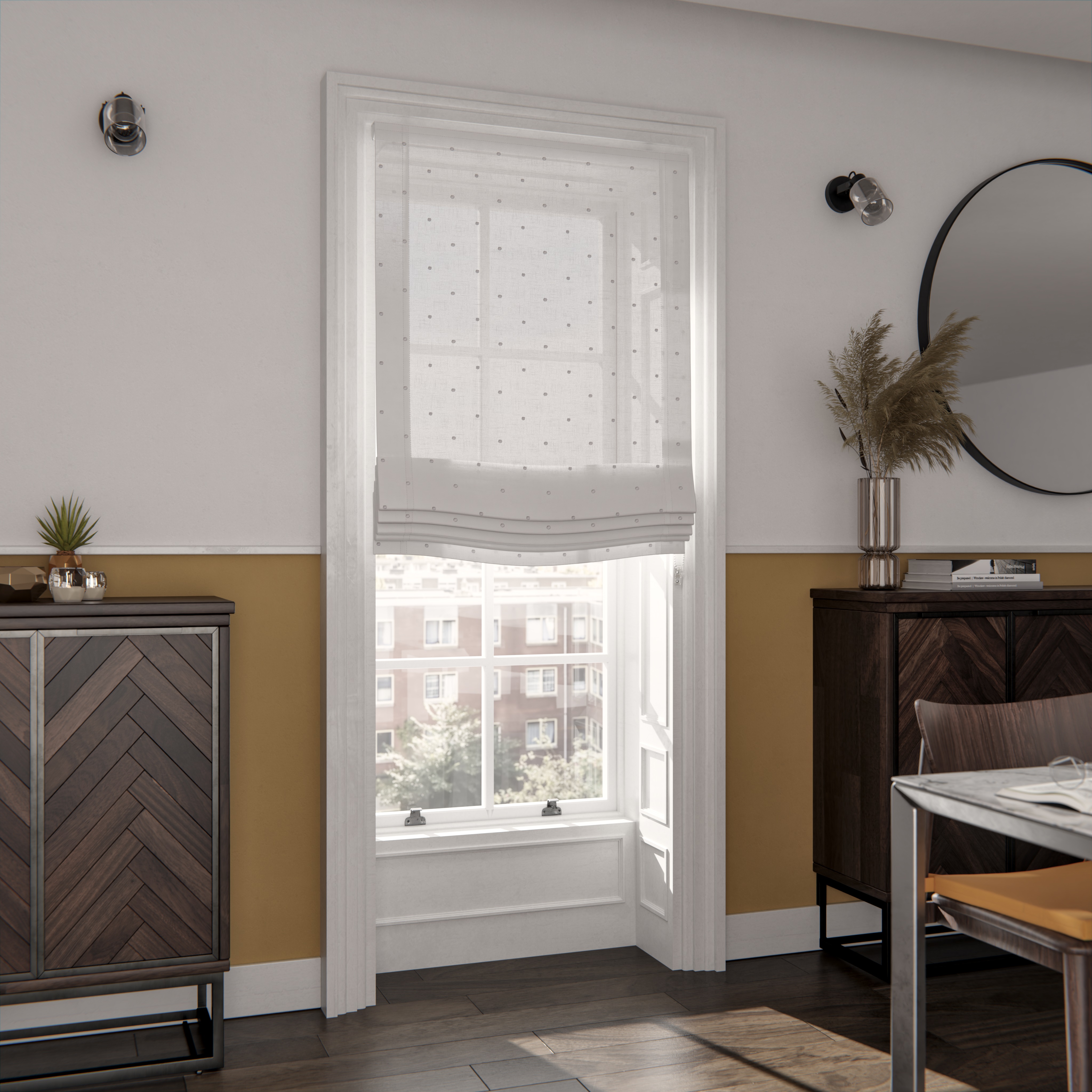 Estor plegable paqueto semi-trasparente con cadena topos poliéster lunares blanco de 90x175 cm