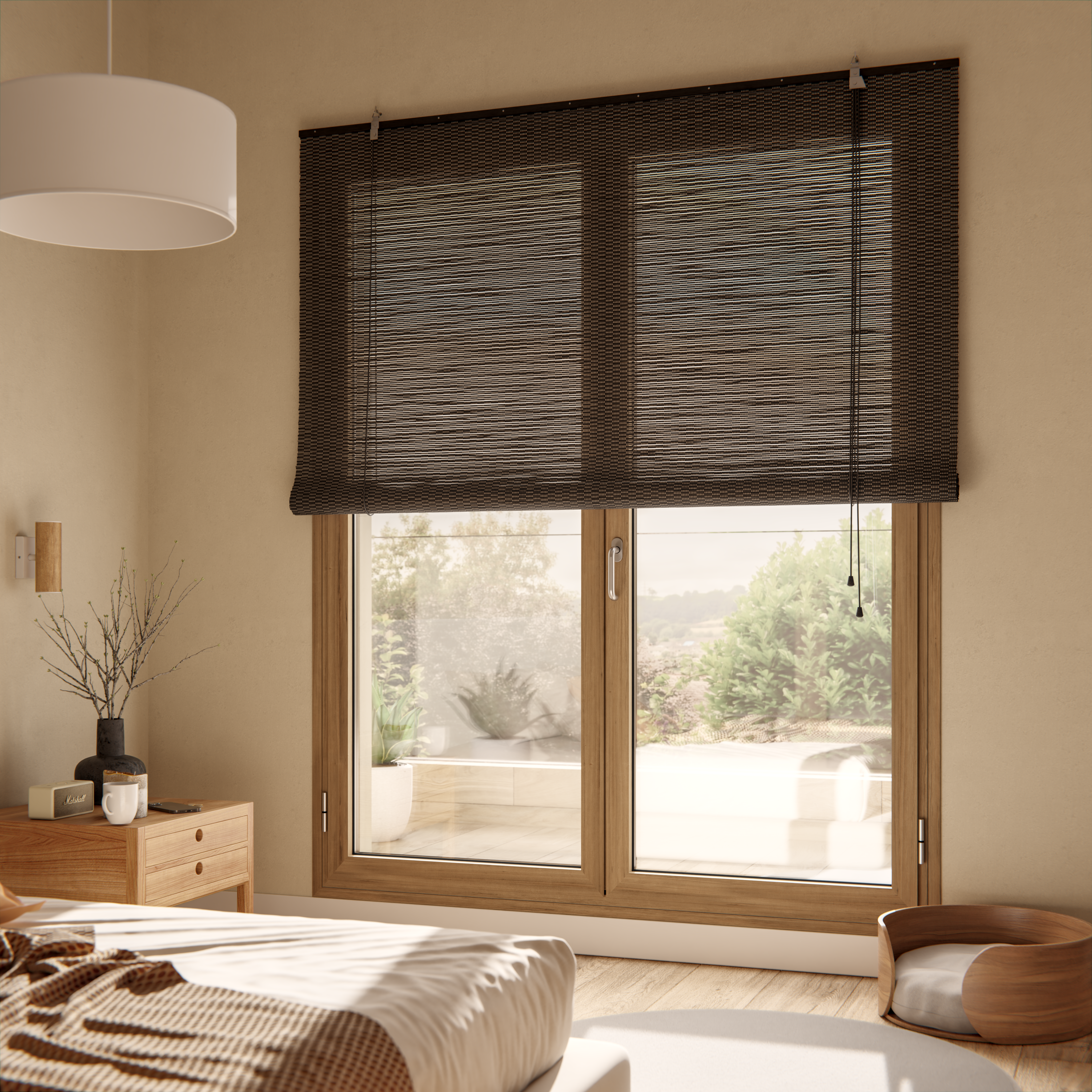 Estor enrollable translúcido con cordón bambú caños bambú liso negro de 124x220cm