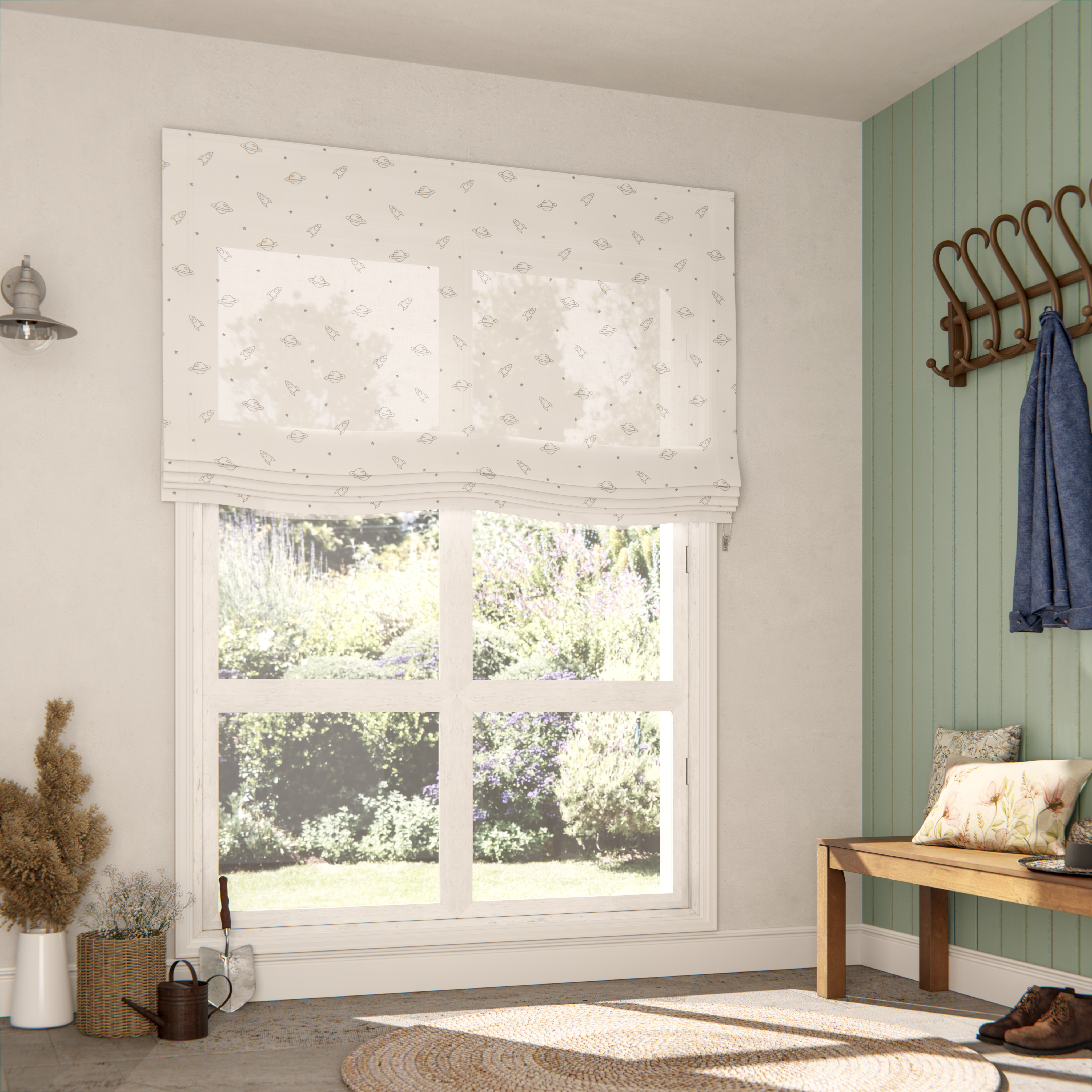 Estor plegable paqueto semi-trasparente con cadena space poliéster estrella blanco de 165x250 cm