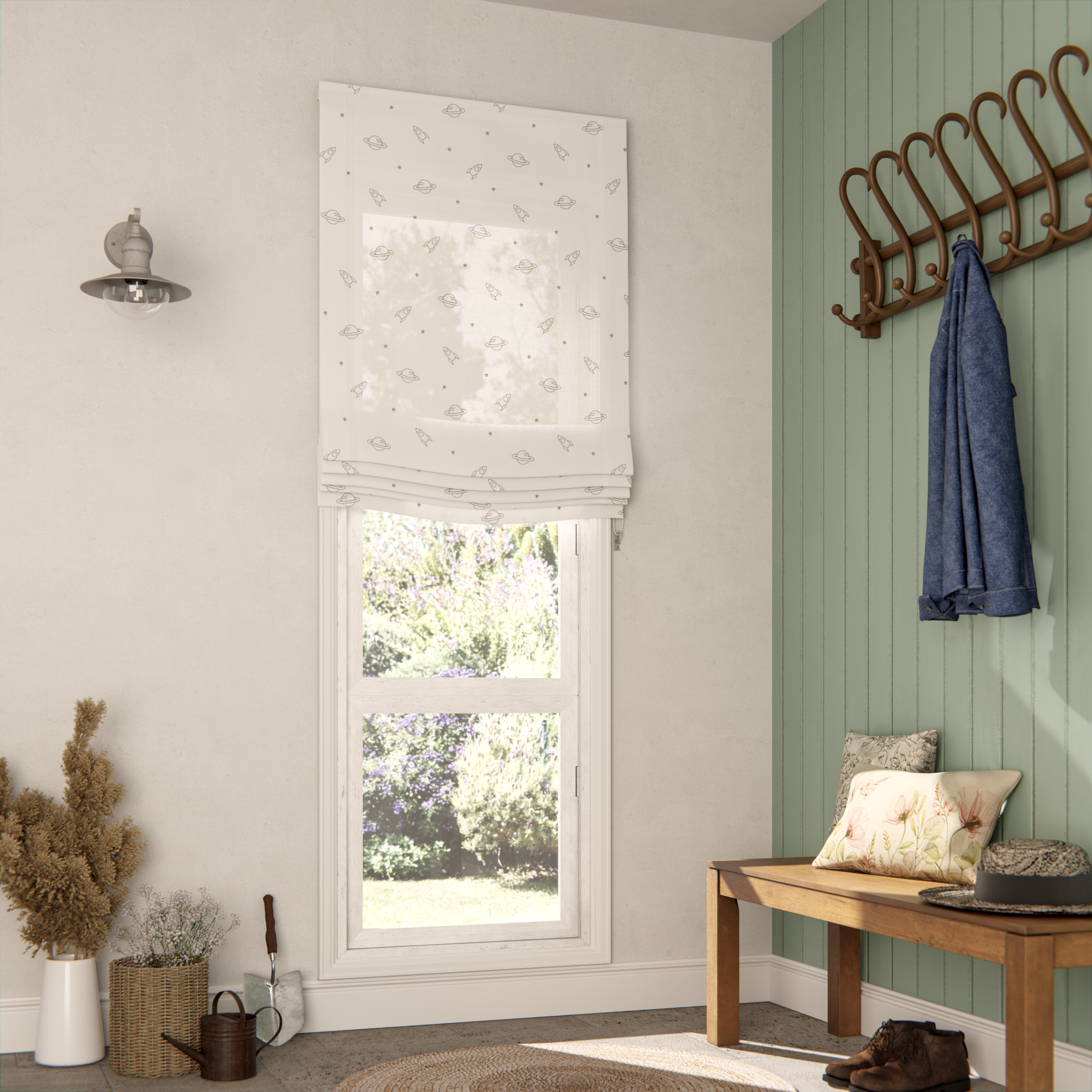 Estor plegable paqueto semi-trasparente con cadena space poliéster estrella blanco de 75x175 cm