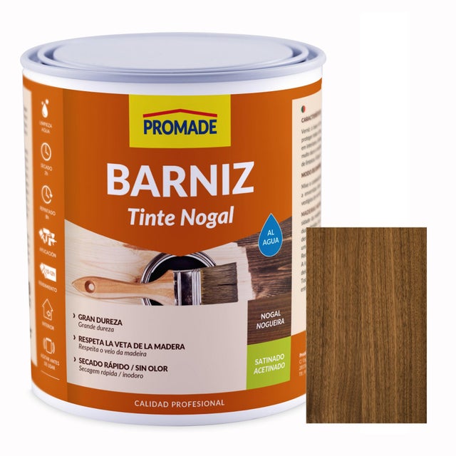 Barniz de madera interior PROMADE en color nogal, acabado satinado para artesonado, mobiliario, puertas, encimeras, vigas líquido de 375 ml. Base agua.