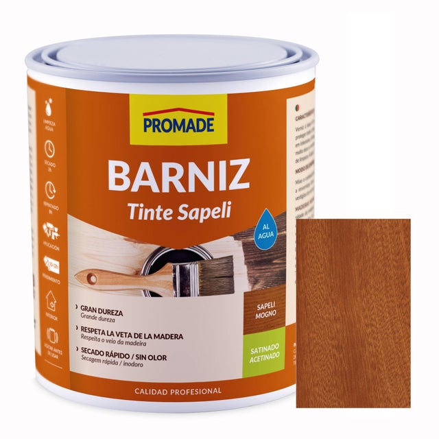Barniz de madera interior PROMADE en color sapeli, acabado satinado para artesonado, mobiliario, puertas, encimeras, vigas líquido de 750 ml. Base agua.