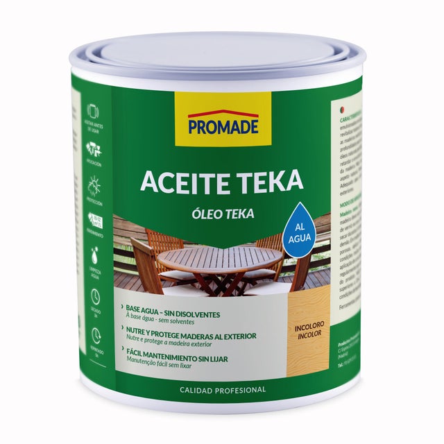 Aceite de teca color incoloro para caseta de jardín, mobiliario, puerta, ventana PROMADE mate 750 ml base agua