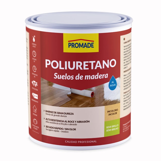 Barniz para parquet PROMADE Poliuretano Suelos incoloro, acabado semibrillante de 750 ml. Base agua.
