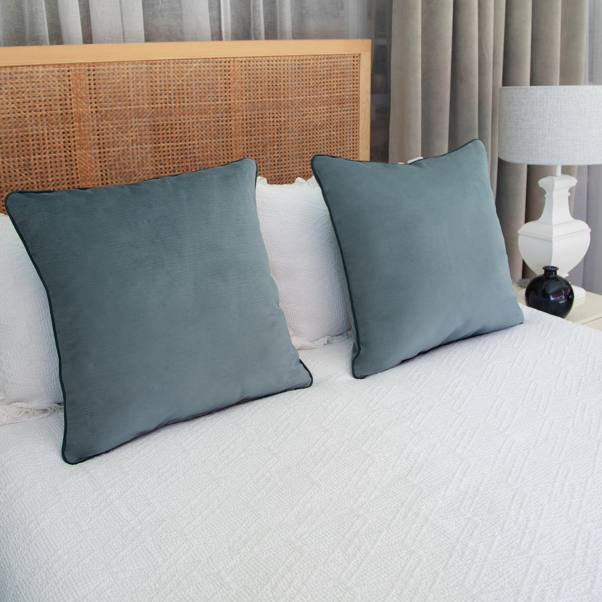 Cojín decorativo cuadrado Velvetlin  lino poliéster liso azul agua cordoncillo 60x60cm - 3