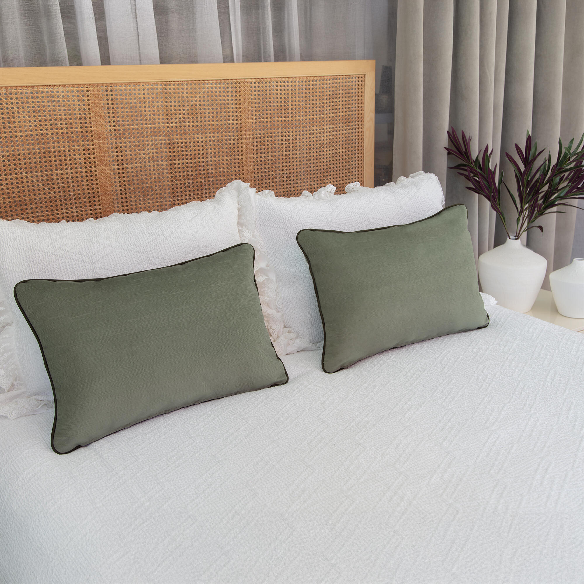 Cojín decorativo rectangular Velvetlin lino poliéster liso verde oliva cordoncillo 60x40cm - 3