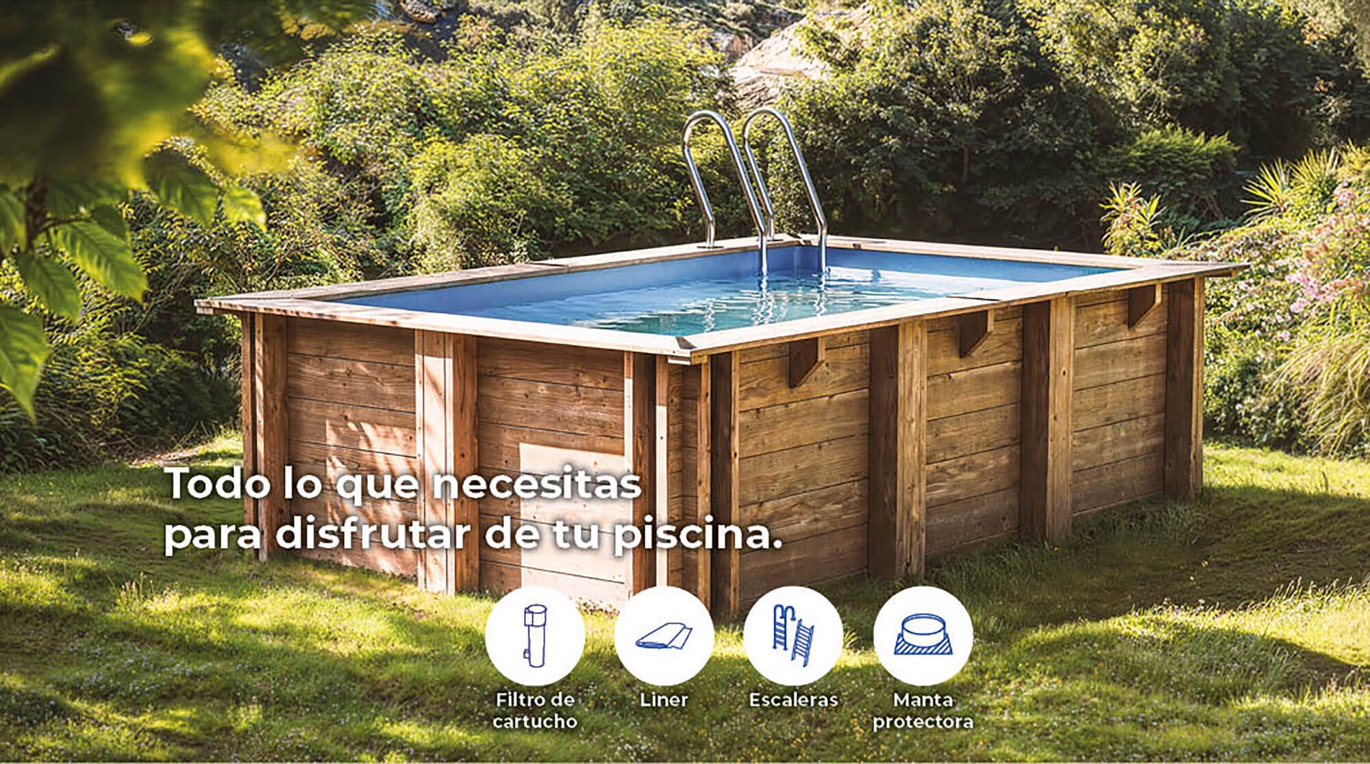 Piscina elevada de madera marrón cuadrada 2x2x0.68 m con depuradora de cartucho GRE - 4