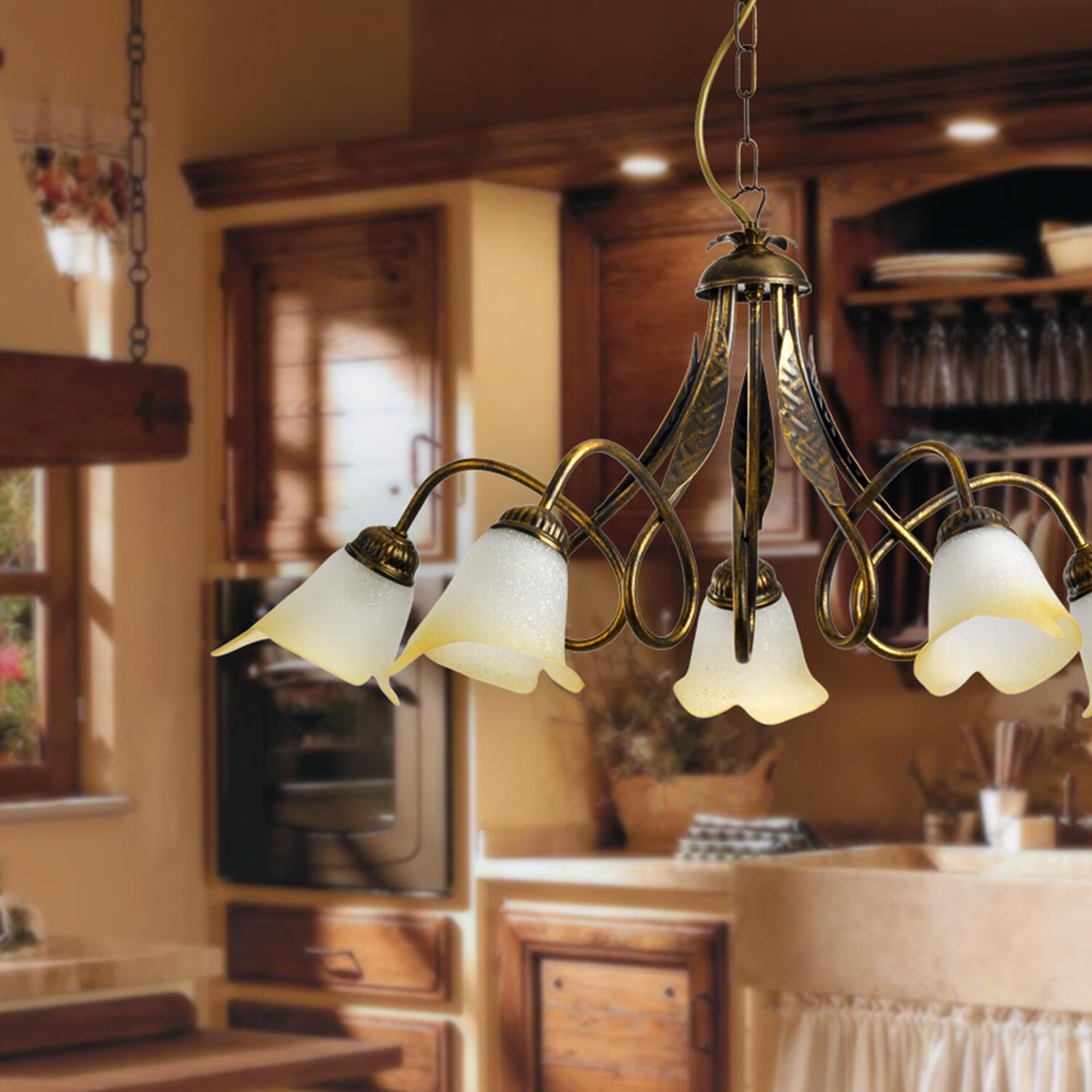 Lampadario Country charm Lampadario DOPPIO GIRO 5 - E14 beige paralume bianco 5x E14 Ø75cm - 2