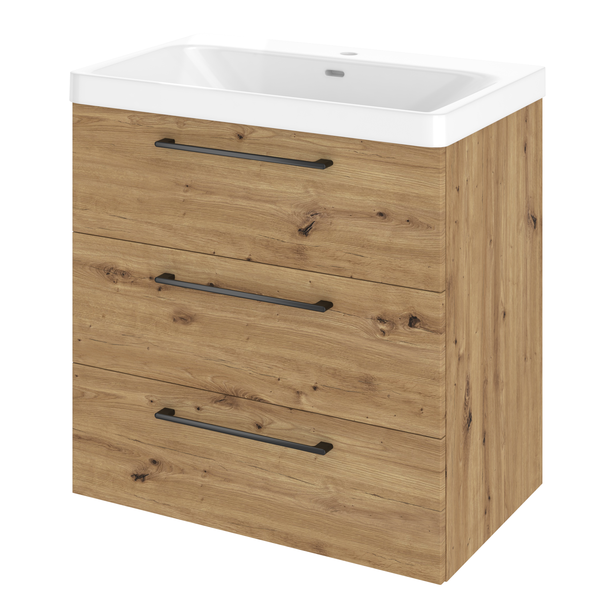 Szafka umywalkowa wisząca 3 szuflady z umywalką 76x49.7 cm zestaw Remix brązowa złoty dąb Sensea