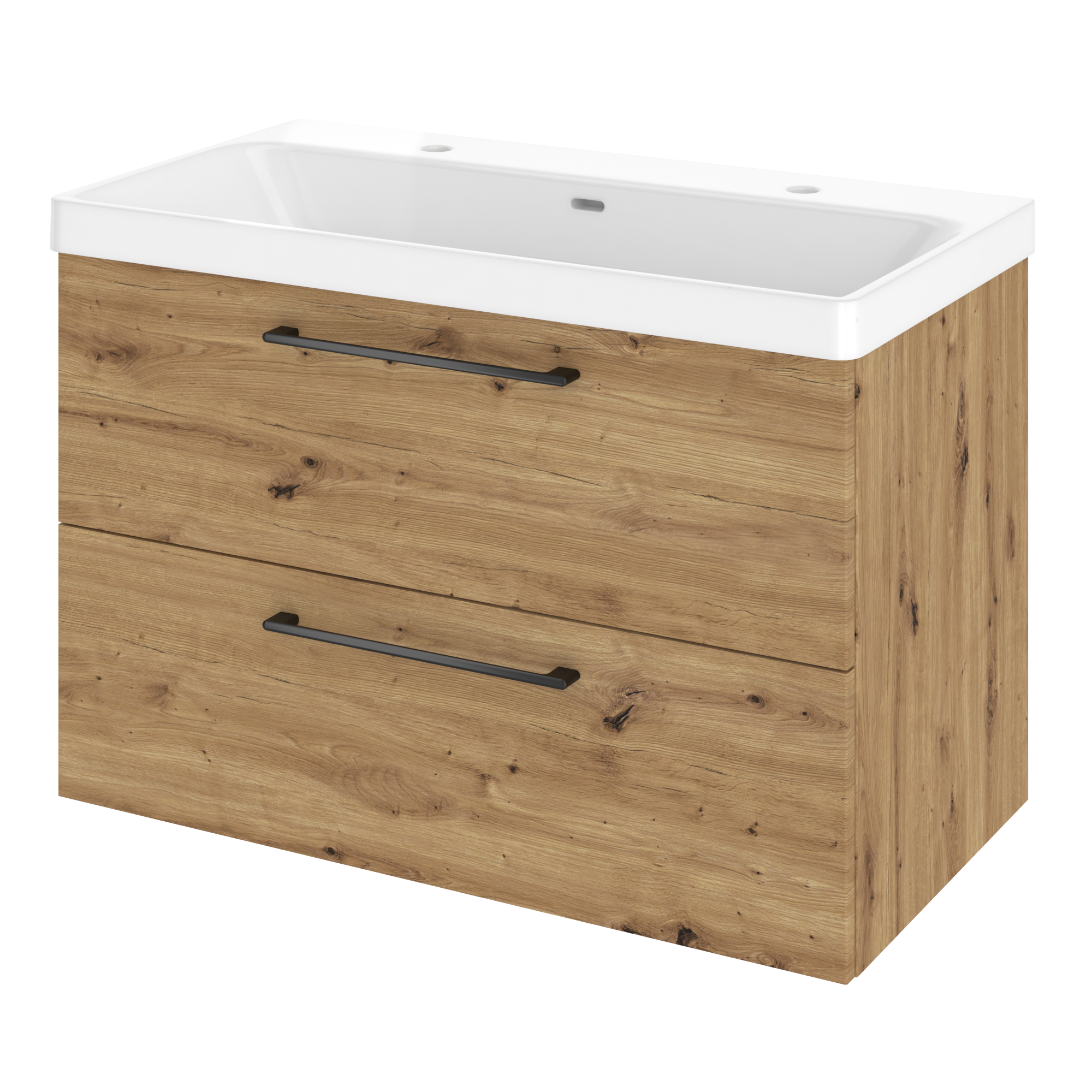 Szafka umywalkowa wisząca 2 szuflady z umywalką 91x49.7 cm zestaw Remix brązowa złoty dąb Sensea