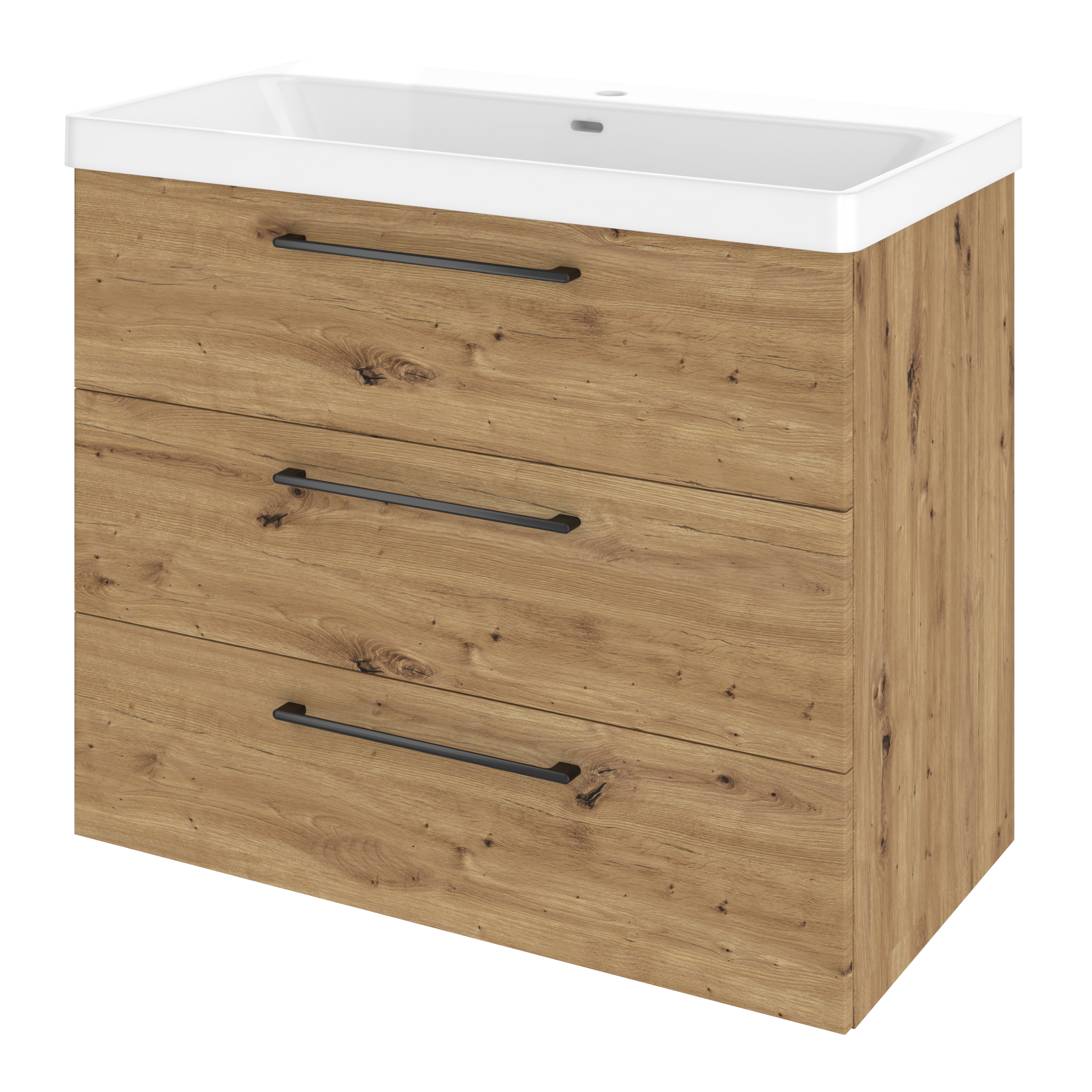 Szafka umywalkowa wisząca 3 szuflady z umywalką 91x49.7 cm zestaw Remix brązowa złoty dąb Sensea