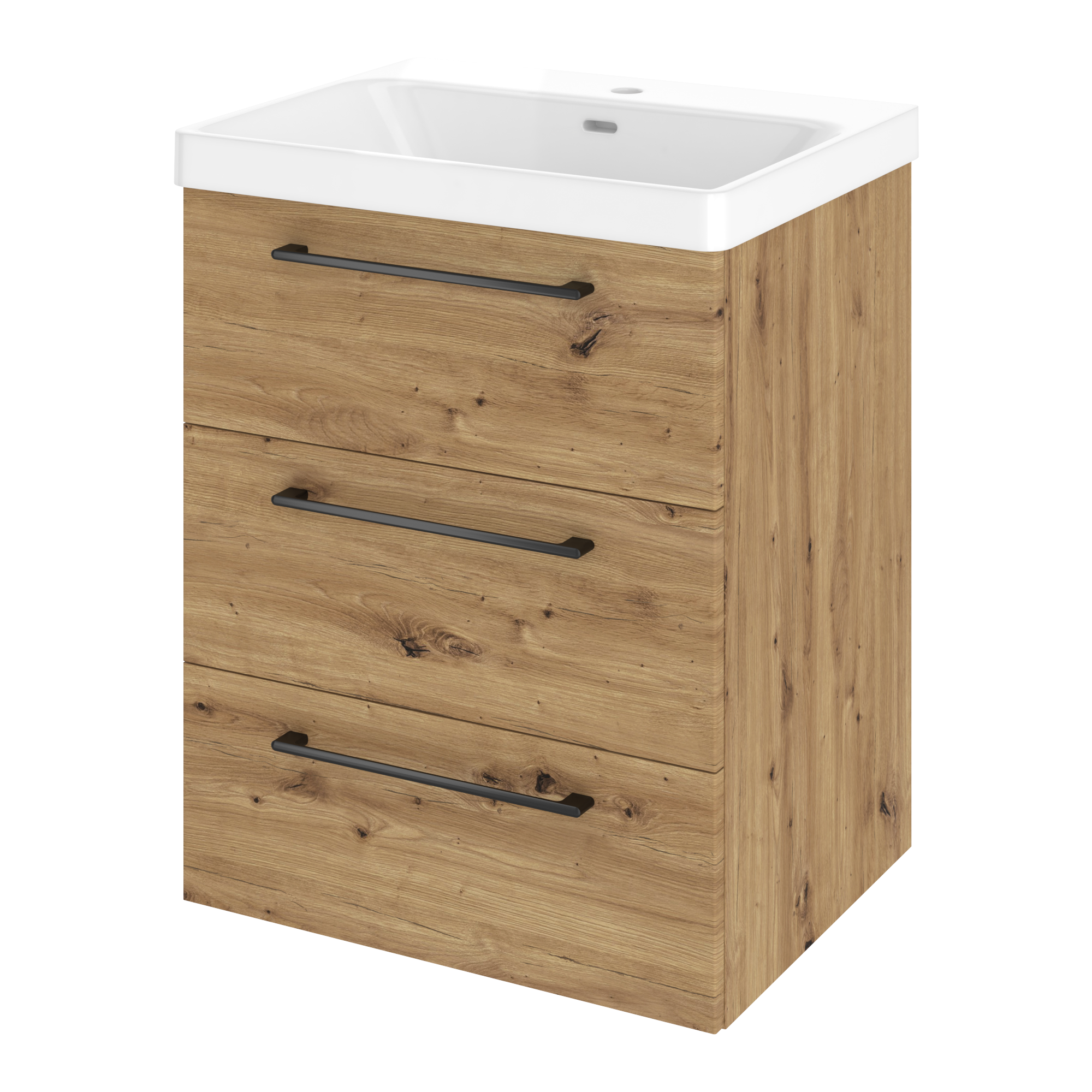 Szafka umywalkowa wisząca 3 szuflady z umywalką 61x49.5 cm zestaw Remix brązowa złoty dąb Sensea