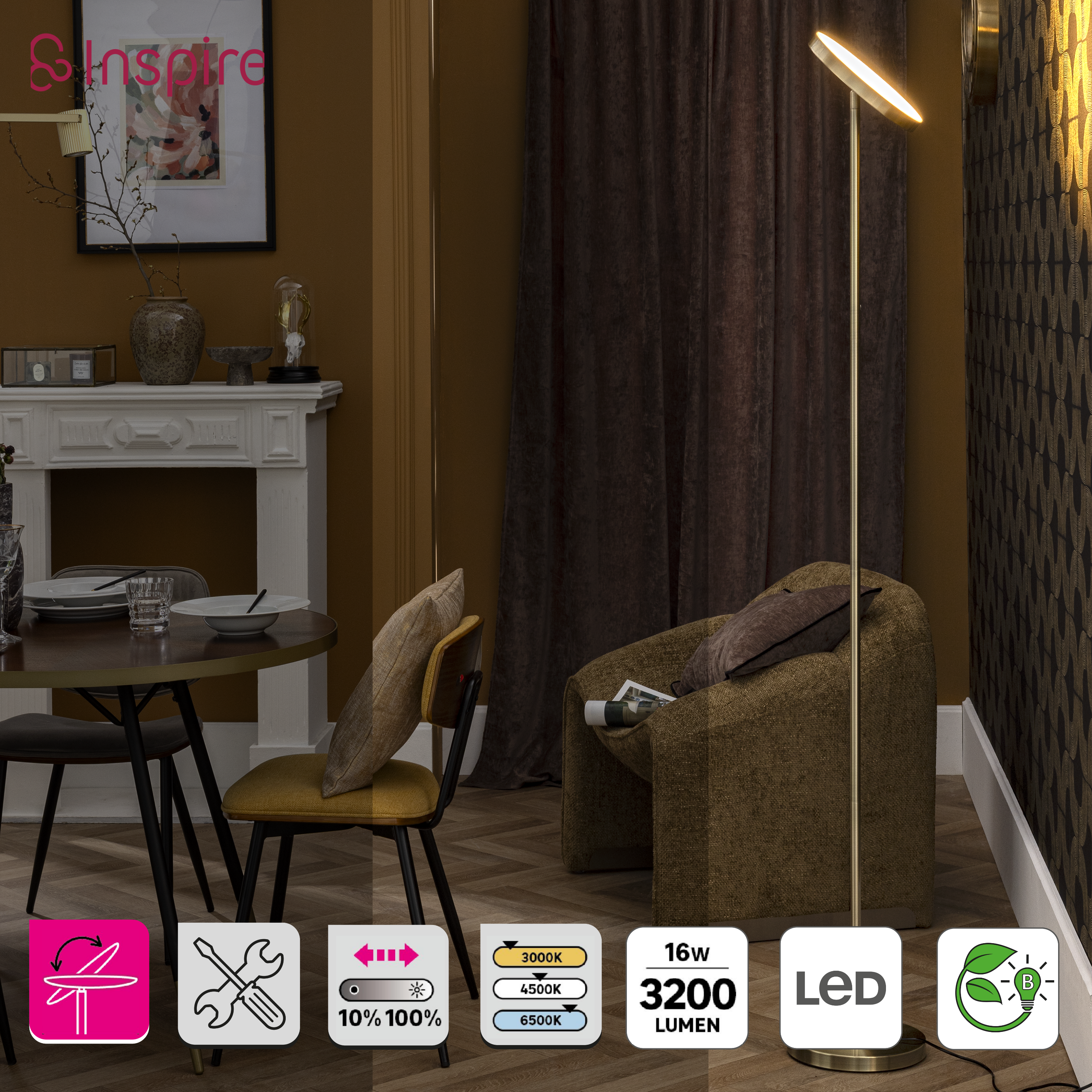 Lampadaire LED Osana avec variateur, acier, doré, H.180 cm INSPIRE - 5