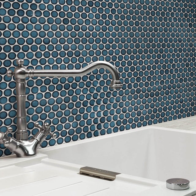 Piastrella Mosaico in ceramica Penny28 Shanghai blu lucido L 33 x L 31.2cm x Sp. 6 mm