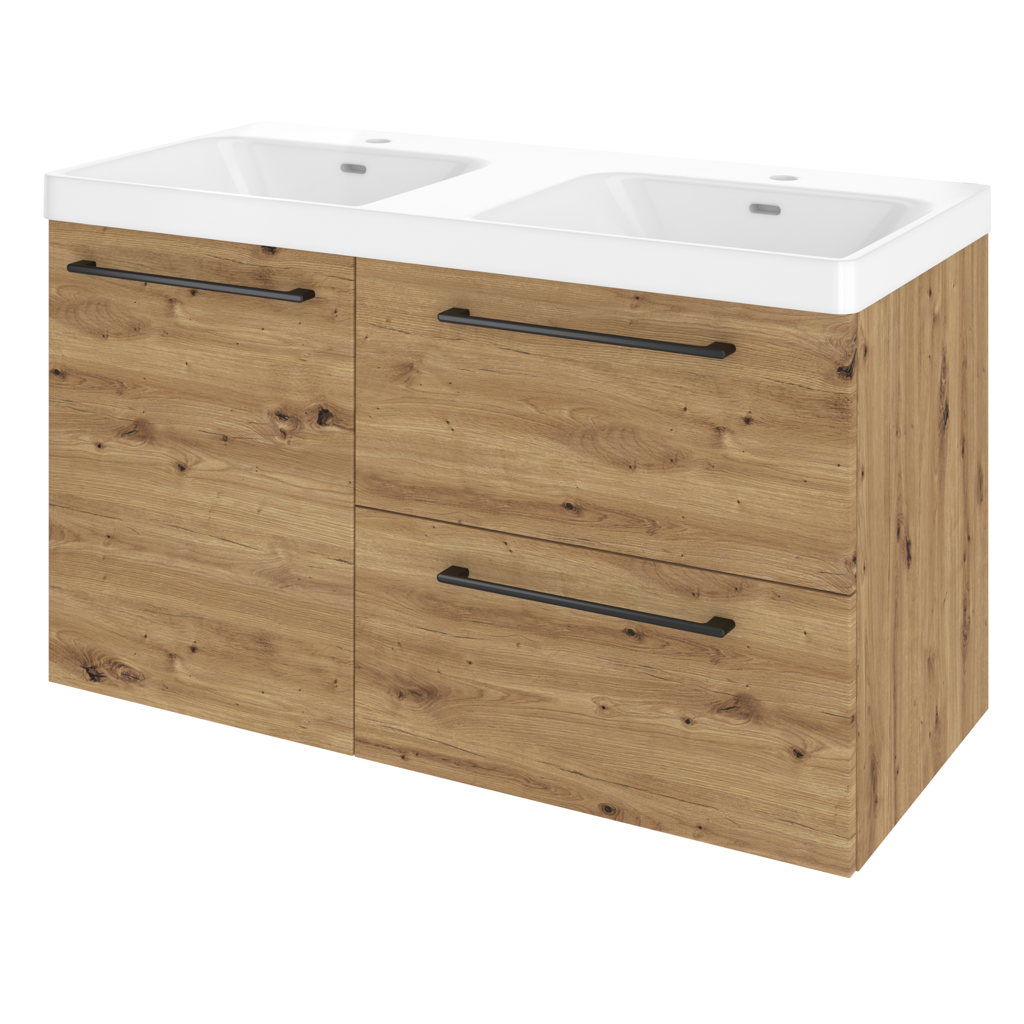 Szafka umywalkowa wisząca 2 szuflady + drzwiczki z umywalką podwójną 106x49.7 cm zestaw Remix brązowa złoty dąb Sensea