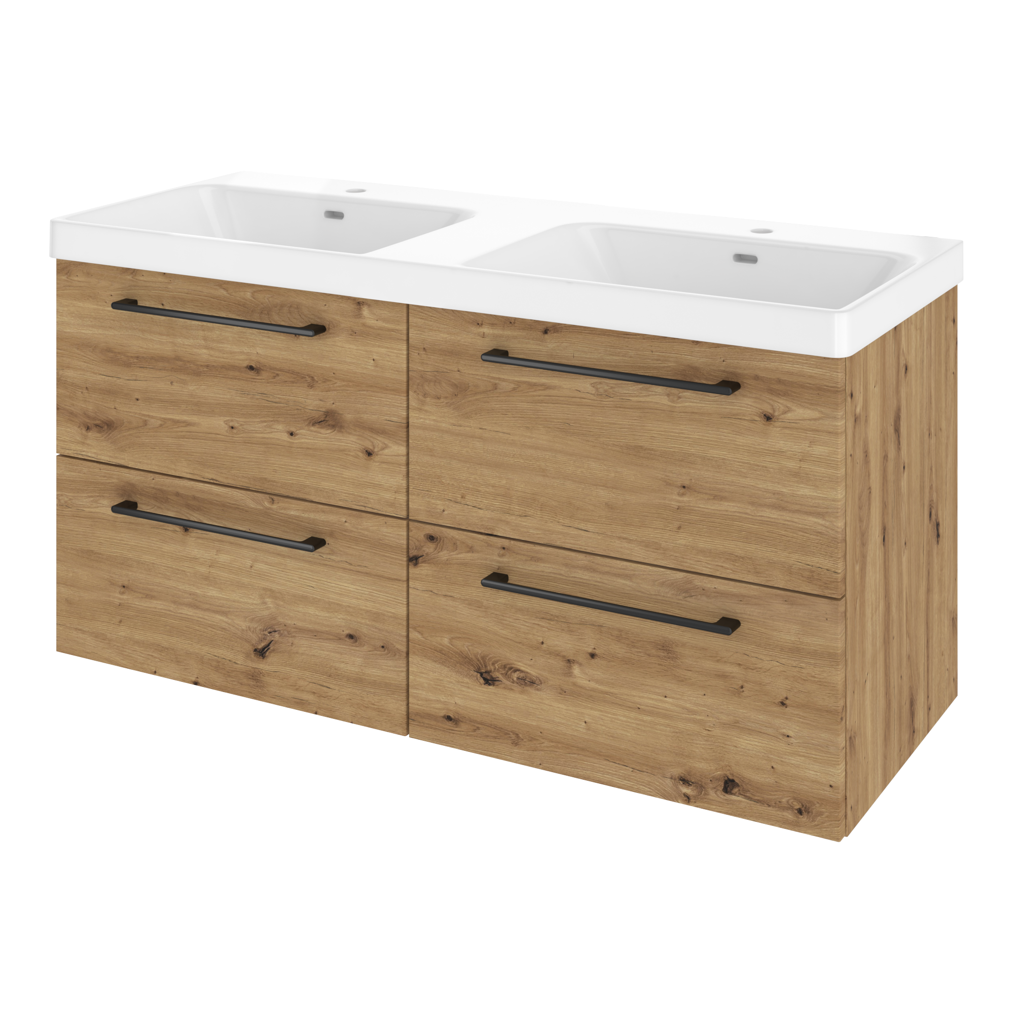 Szafka umywalkowa wisząca 4 szuflady z umywalką podwójną 121x49.7 cm zestaw Remix brązowa złoty dąb Sensea