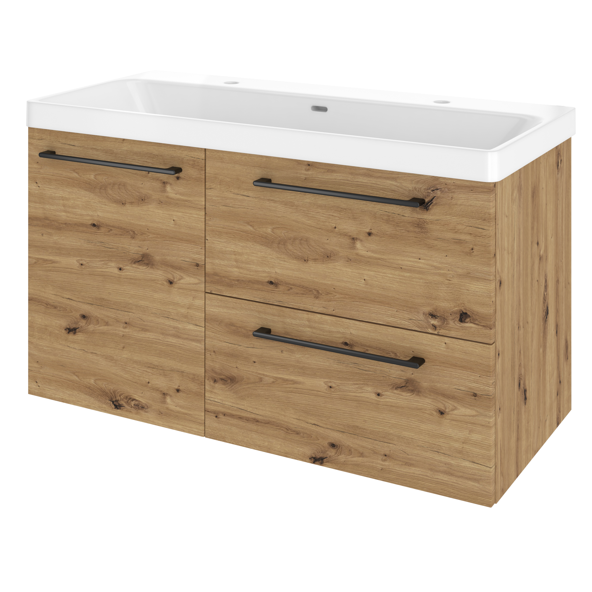 Szafka umywalkowa wisząca 2 szuflady + drzwiczki z umywalką 106x49.7 cm zestaw Remix brązowa złoty dąb Sensea