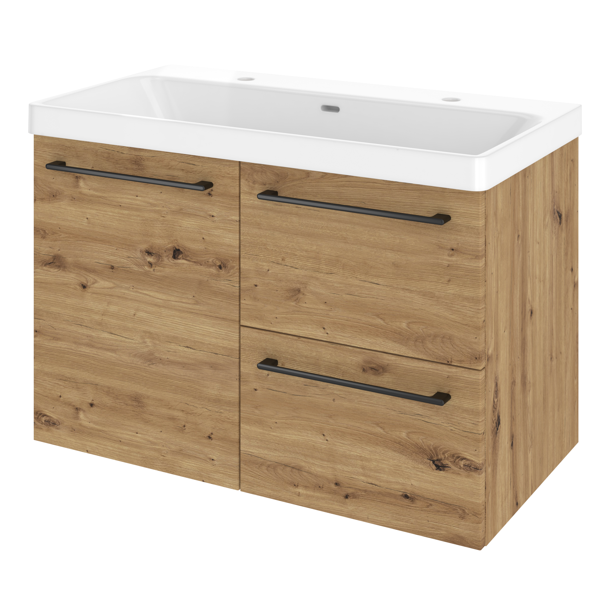 Szafka umywalkowa wisząca 2 szuflady + drzwiczki z umywalką 91x49.7 cm zestaw Remix brązowa złoty dąb Sensea