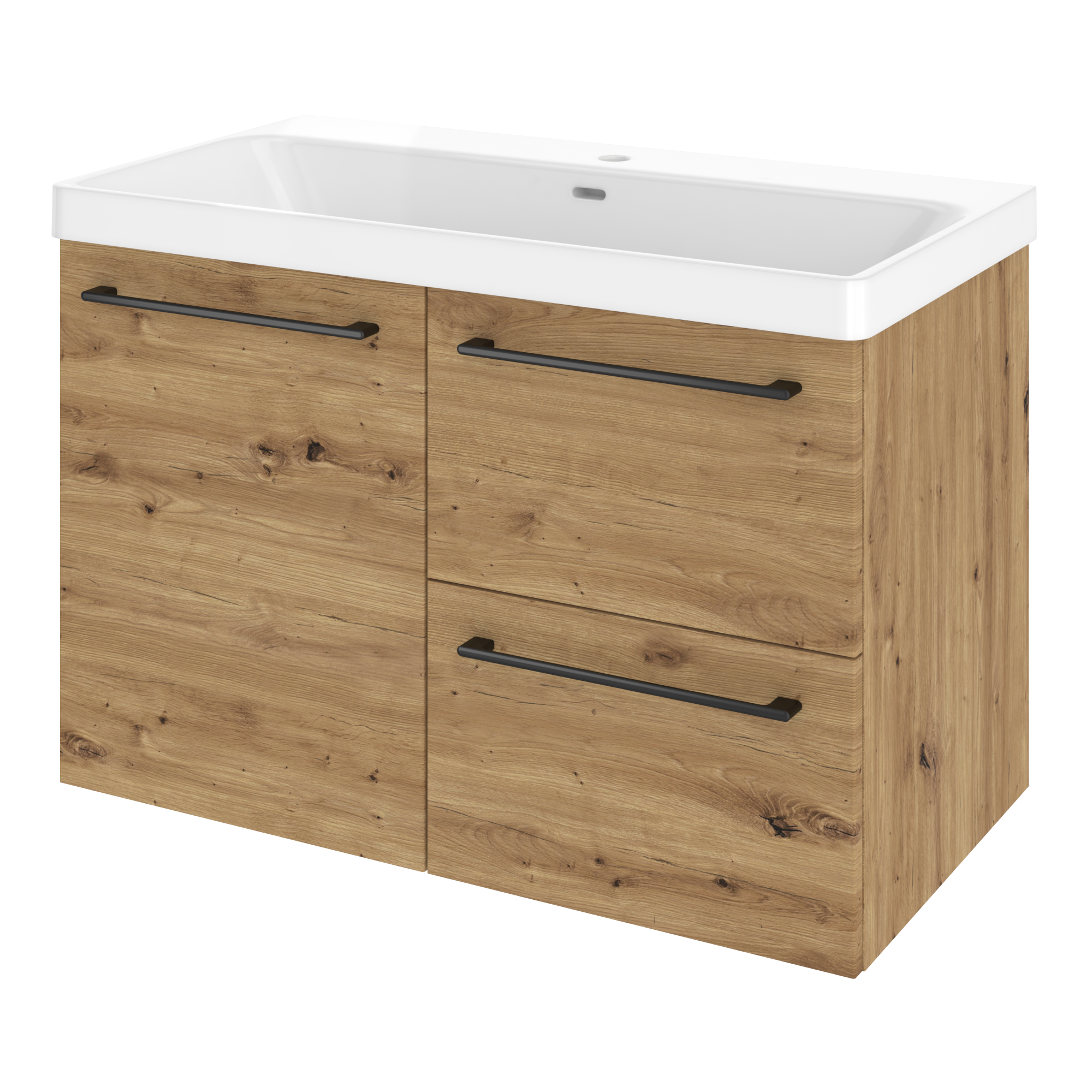 Szafka umywalkowa wisząca 2 szuflady + drzwiczki z umywalką 91x49.7 cm zestaw Remix brązowa złoty dąb Sensea