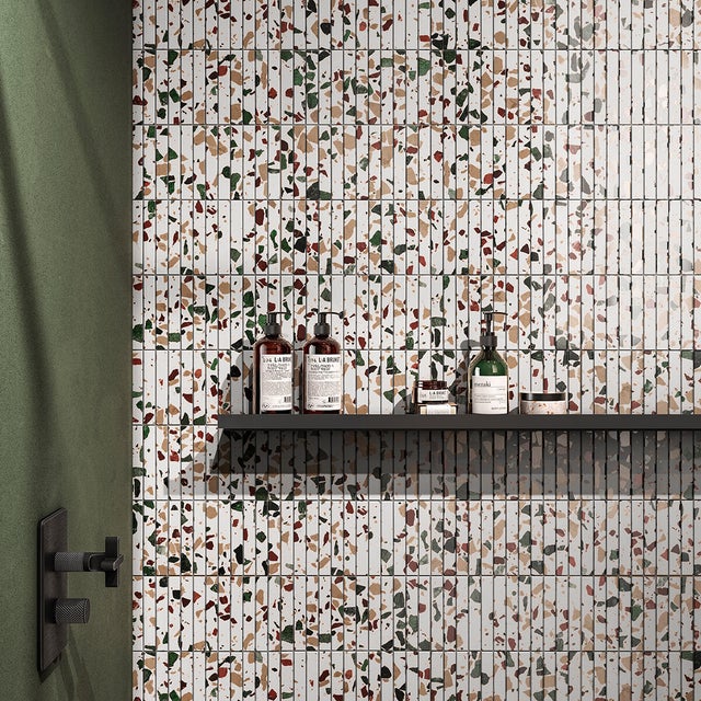 Piastrella Mosaico in marmo Terrazzo KitKat Ischia avorio e rosso e verde lucido e satinato L 29.8 x L 29.8cm x Sp. 7 mm